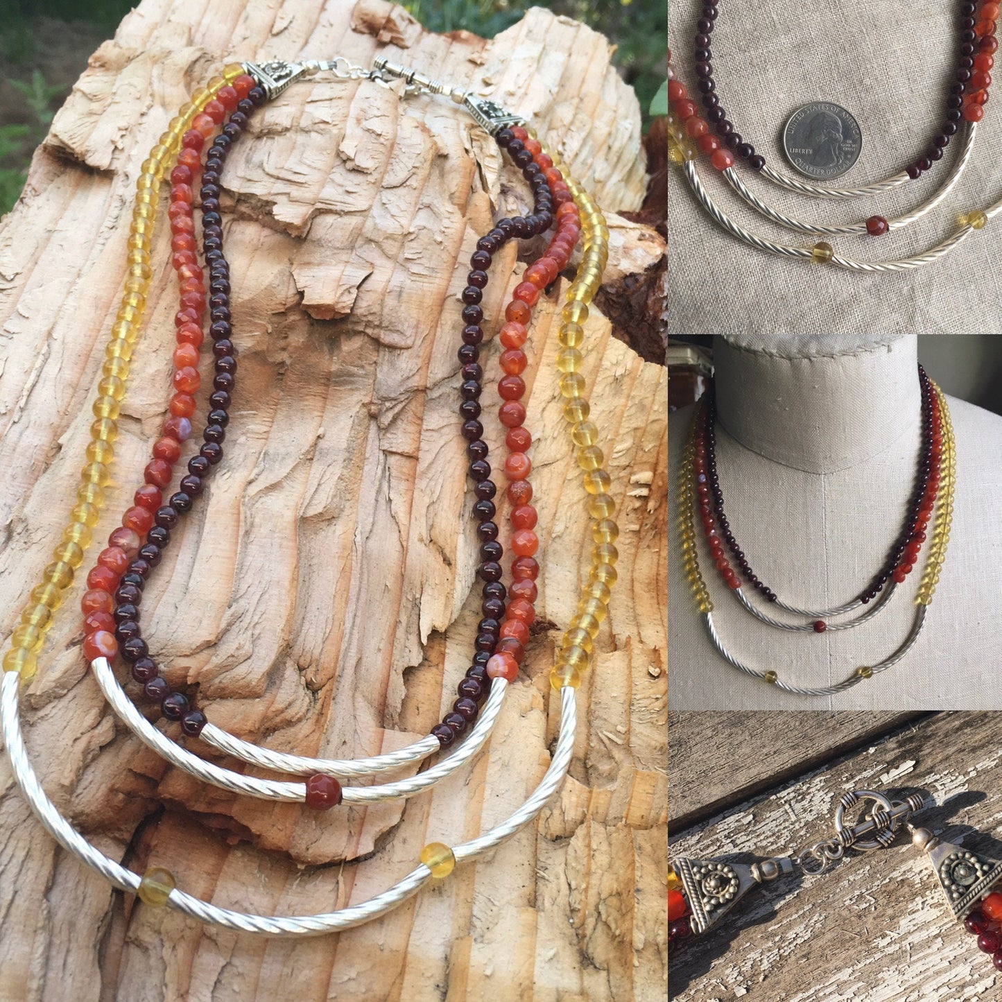 necklace "Inner Fire" Sterling beads, Citrine, Carnelian, Garnet, Chakra jewelry, Gift idea, Gender Neutral, Reiki charged, Statement Piece