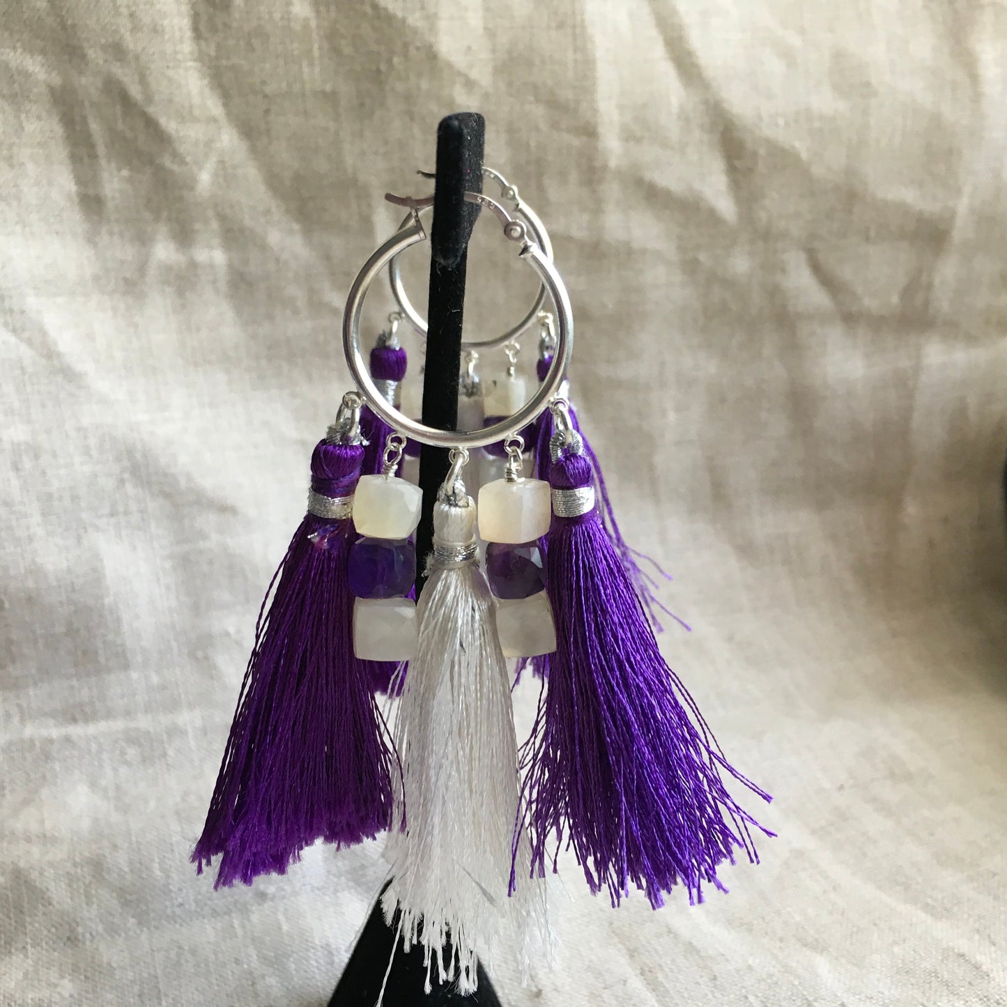 earrings "Tassels Royal" Sterling hoops, Tassels, Moonstone, Amethyst, Statement earrings, Festival jewelry, Hoop Earrings, Reiki charged