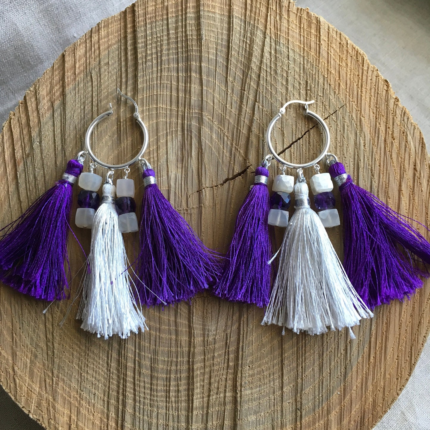 earrings "Tassels Royal" Sterling hoops, Tassels, Moonstone, Amethyst, Statement earrings, Festival jewelry, Hoop Earrings, Reiki charged