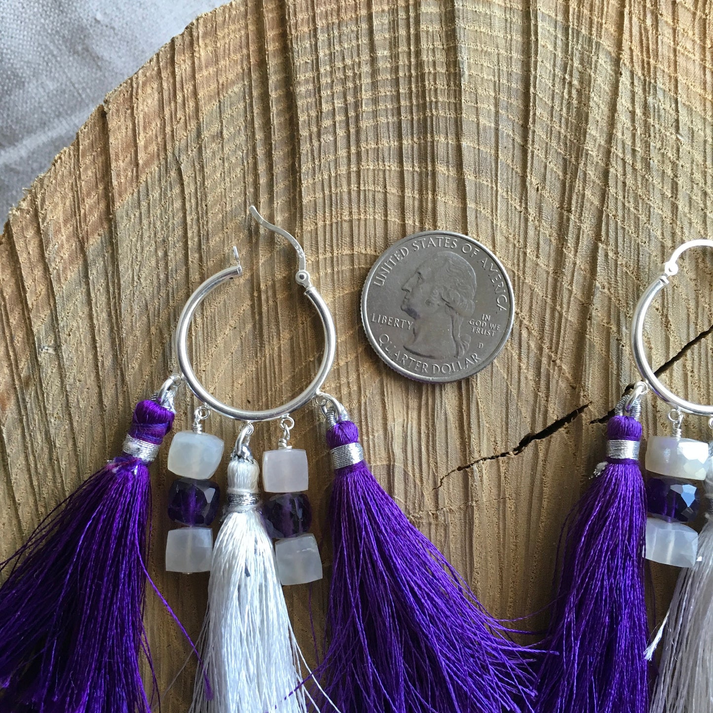 earrings "Tassels Royal" Sterling hoops, Tassels, Moonstone, Amethyst, Statement earrings, Festival jewelry, Hoop Earrings, Reiki charged