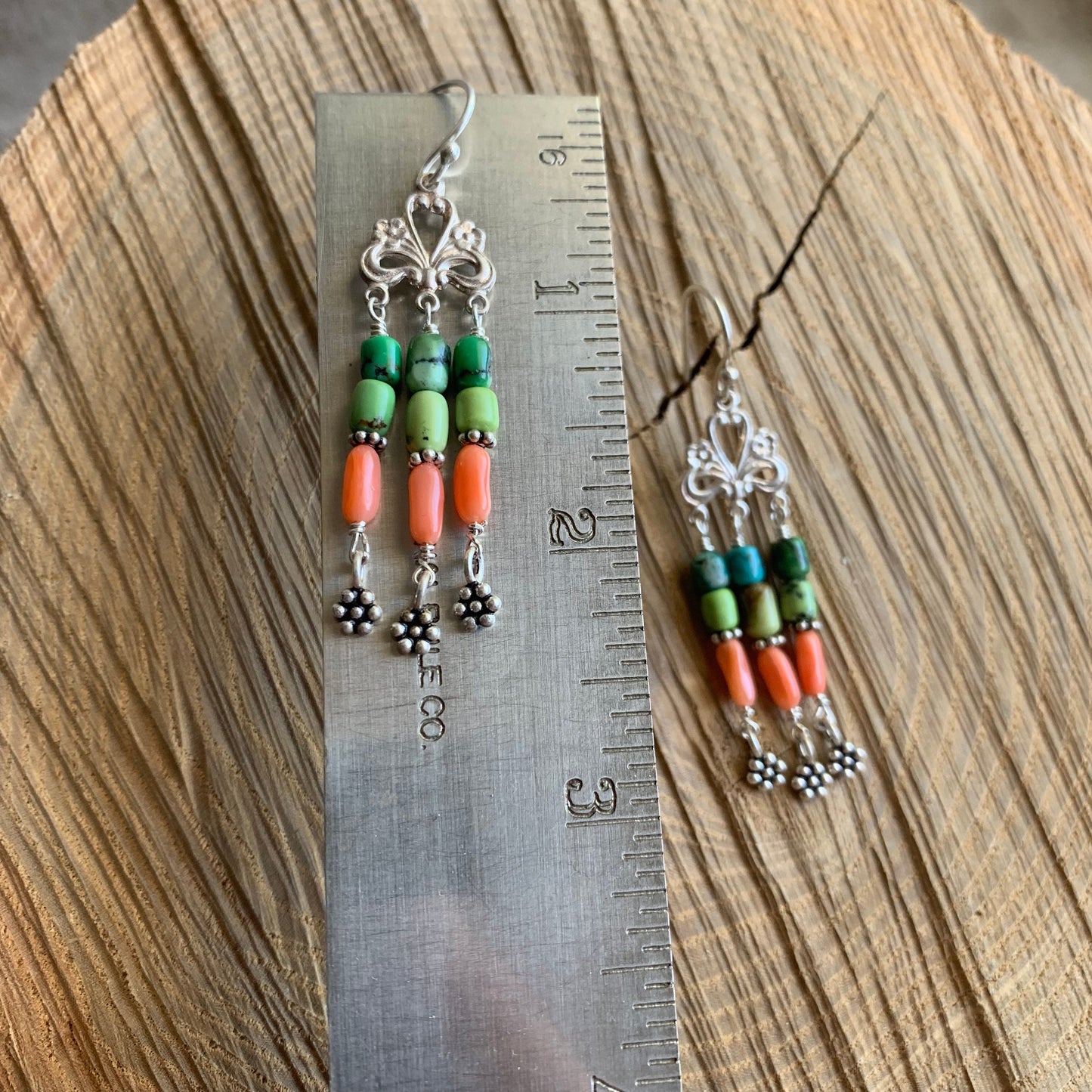 earrings "May Day Chandeliers" Sterling charms, New Mexico Turquoise, Vintage Coral, Sterling Flowers, Art Nouveau style, Spring Style