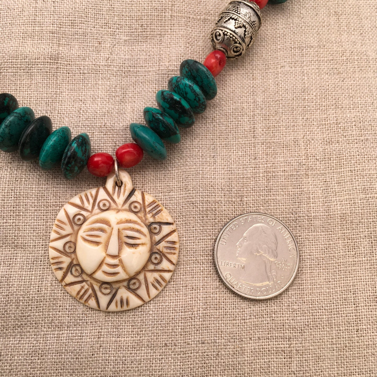 necklace “Sun Mask” Carved Bone Sun pendant, Turquoise, Red fire coral, Pewter beads, Hamsa toggle, reiki charged, Gender Neutral jewelry