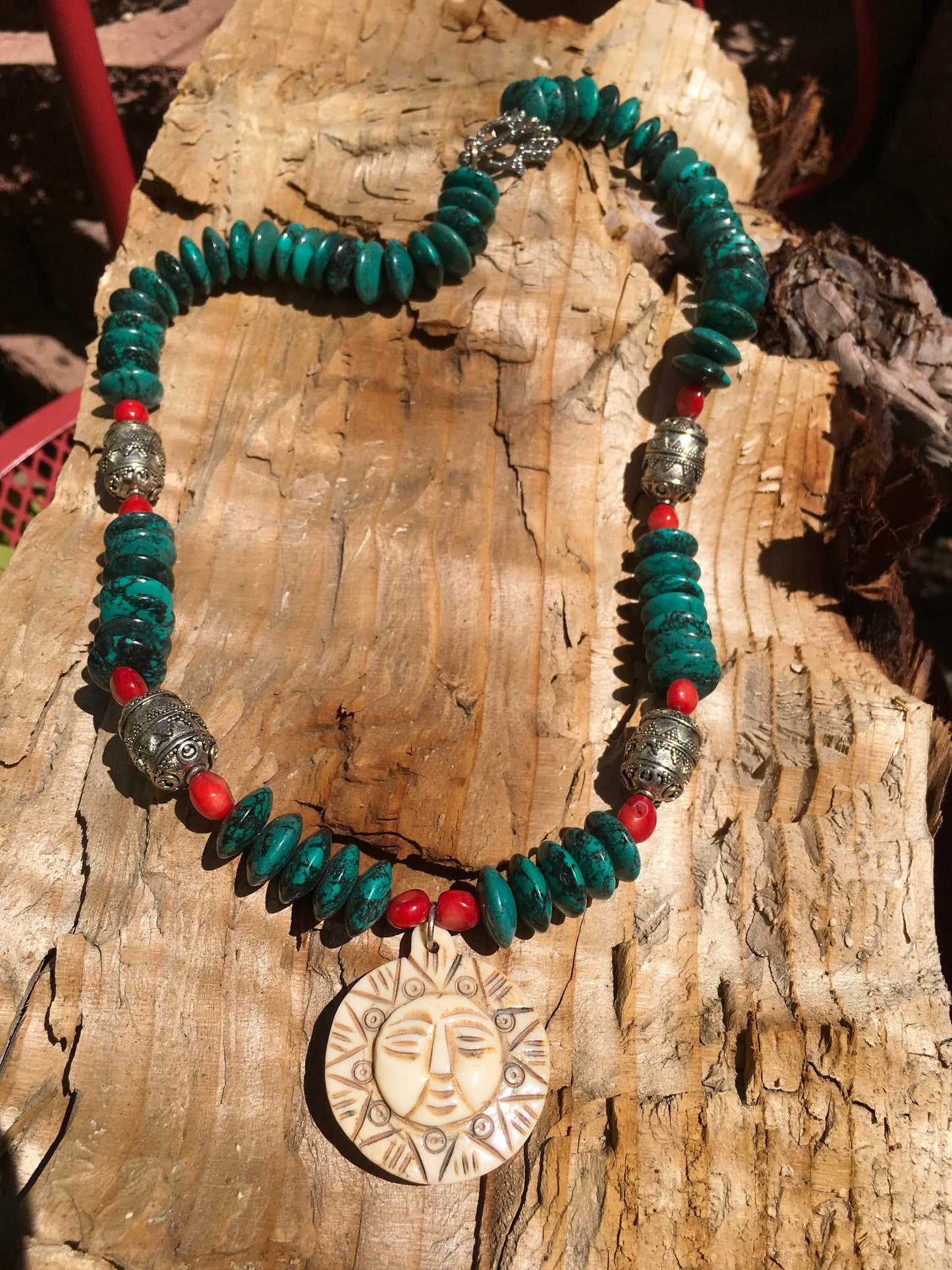 necklace “Sun Mask” Carved Bone Sun pendant, Turquoise, Red fire coral, Pewter beads, Hamsa toggle, reiki charged, Gender Neutral jewelry