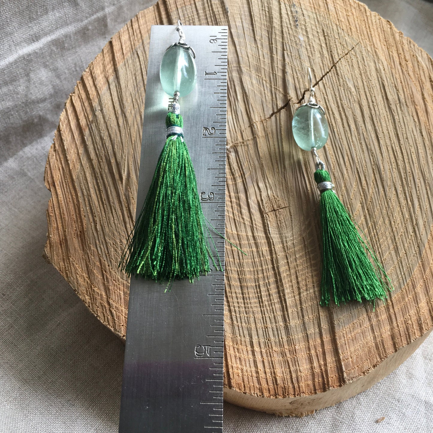 earrings "Fluorite Fringe" Large Green Fluorite, Tassel earrings, Statement earrings, Bohemian earrings, Reiki charged, Gift idea