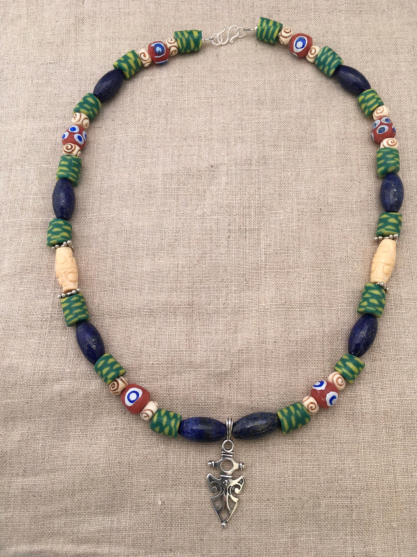necklace "Shielded" Sterling Pendant, Vintage Lapis, Krobo beads, Carved Bone Beads, Sterling beads, Gift idea, Gender Neutral jewelry