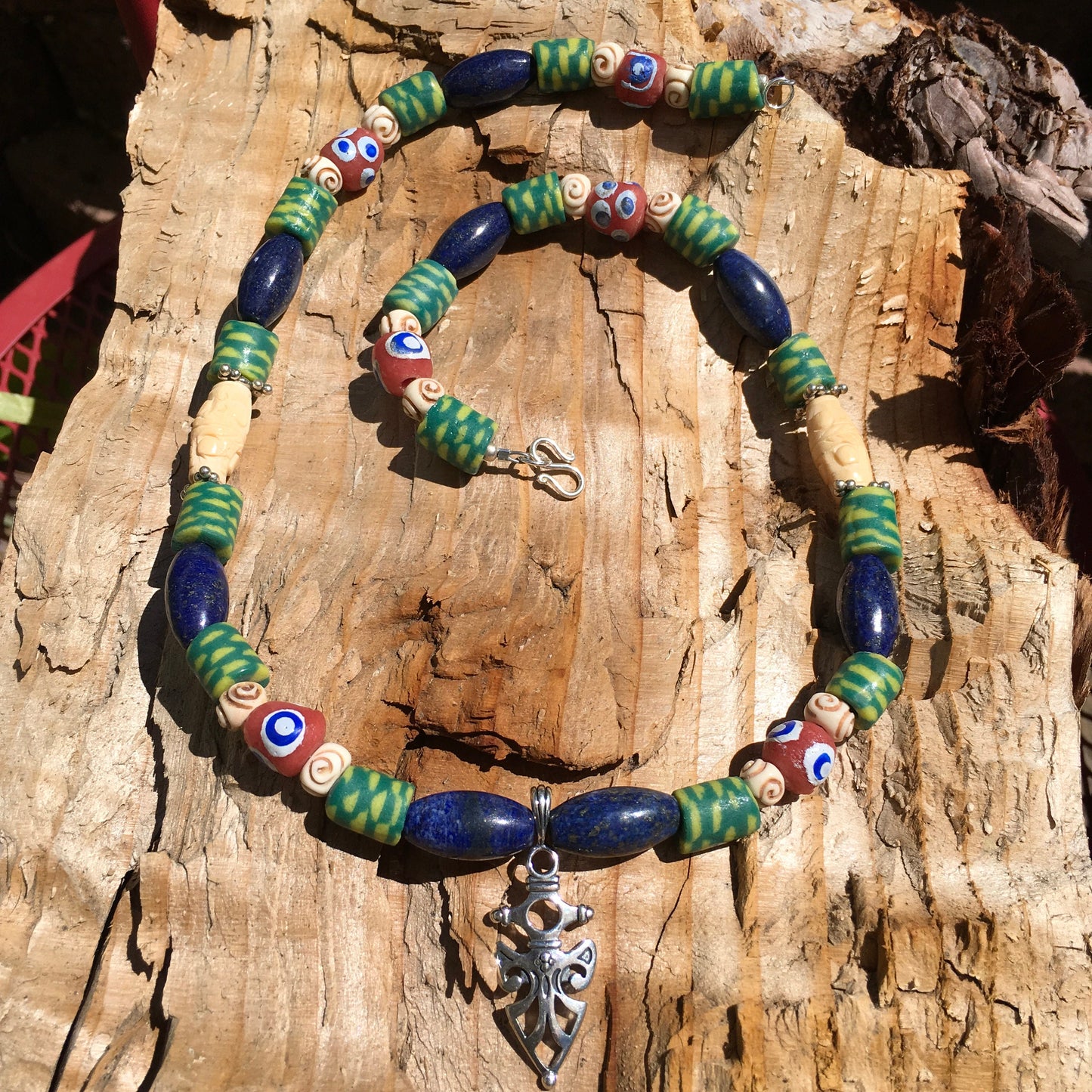 necklace "Shielded" Sterling Pendant, Vintage Lapis, Krobo beads, Carved Bone Beads, Sterling beads, Gift idea, Gender Neutral jewelry