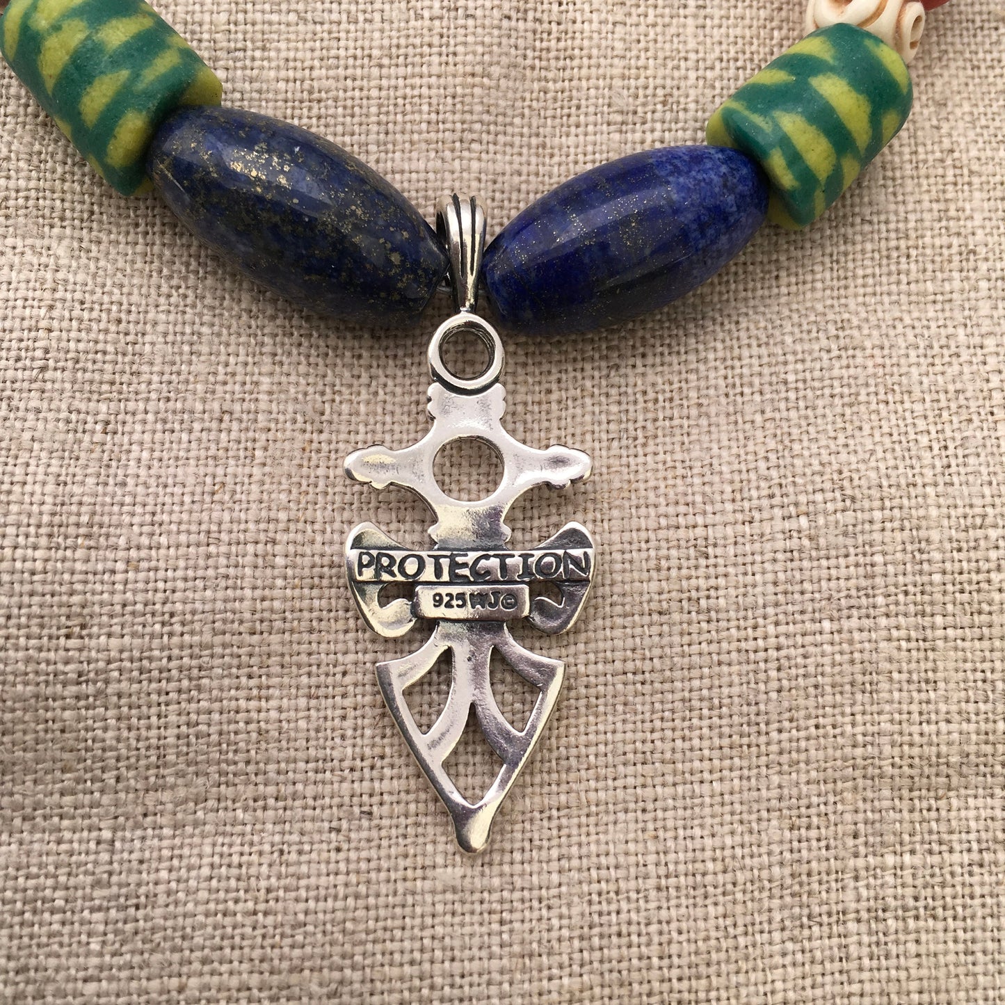 necklace "Shielded" Sterling Pendant, Vintage Lapis, Krobo beads, Carved Bone Beads, Sterling beads, Gift idea, Gender Neutral jewelry