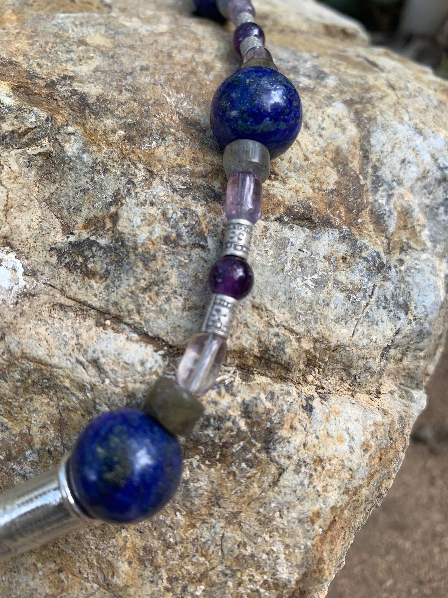 necklace "Authentic Communication" Hill Tribe Silver Focal Piece, Lapis, Labradorite, Amethyst, Non-Binary jewelry, Reiki charged, Gift idea