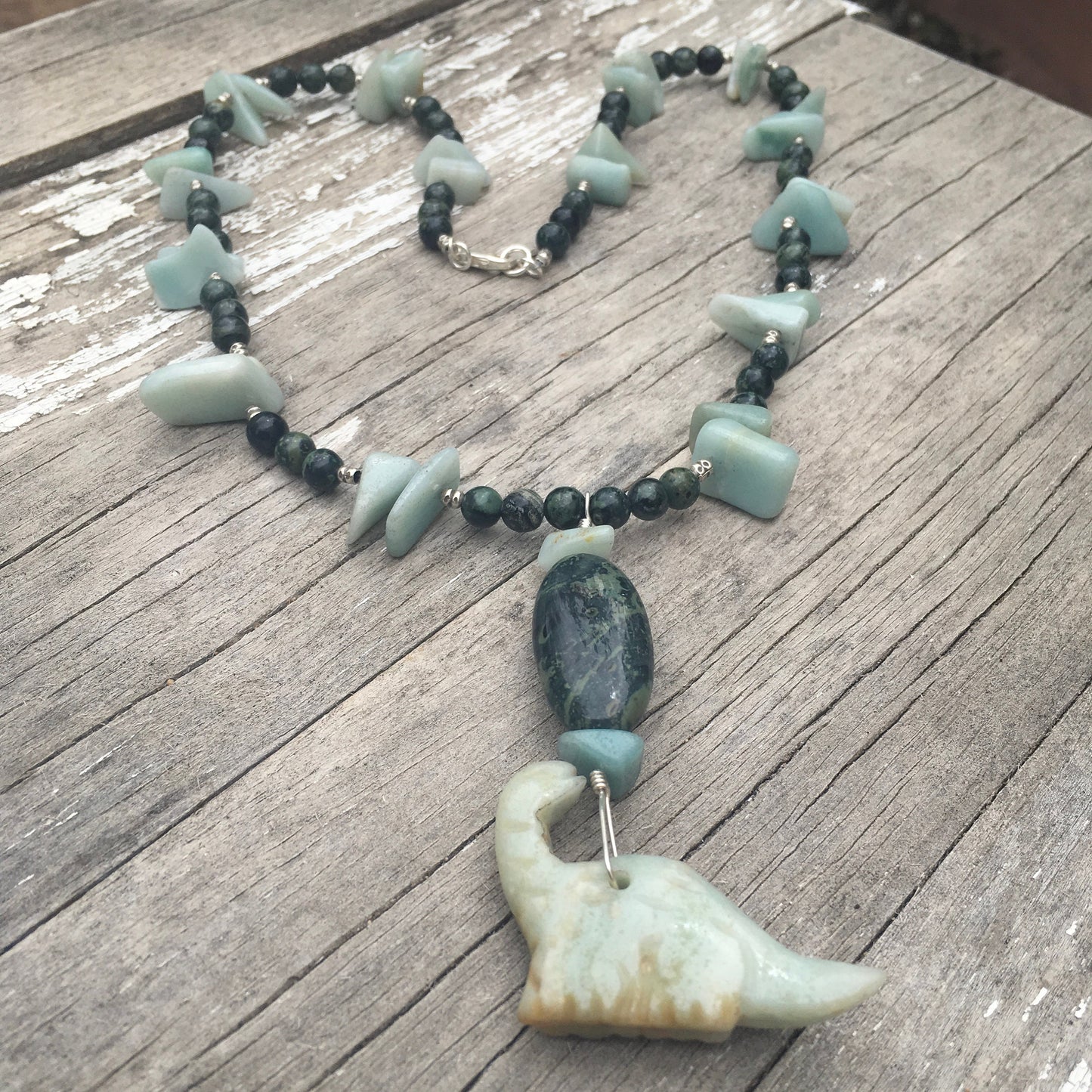 necklace "Long Neck" Dinosaur Pendant, Kambaba Jasper, Amazonite, Fossils, Hill Tribe Silver, Dinosaur necklace, Gender Neutral, Reiki vibes