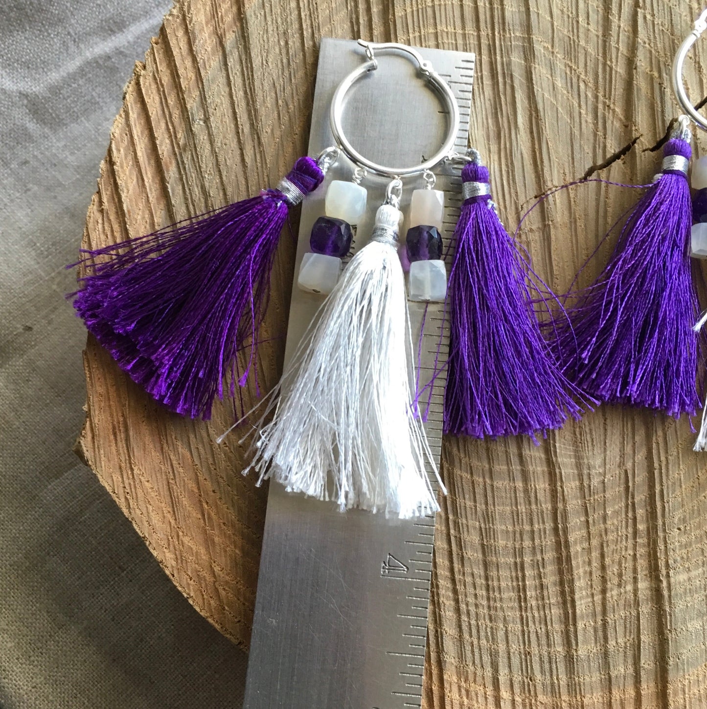 earrings "Tassels Royal" Sterling hoops, Tassels, Moonstone, Amethyst, Statement earrings, Festival jewelry, Hoop Earrings, Reiki charged