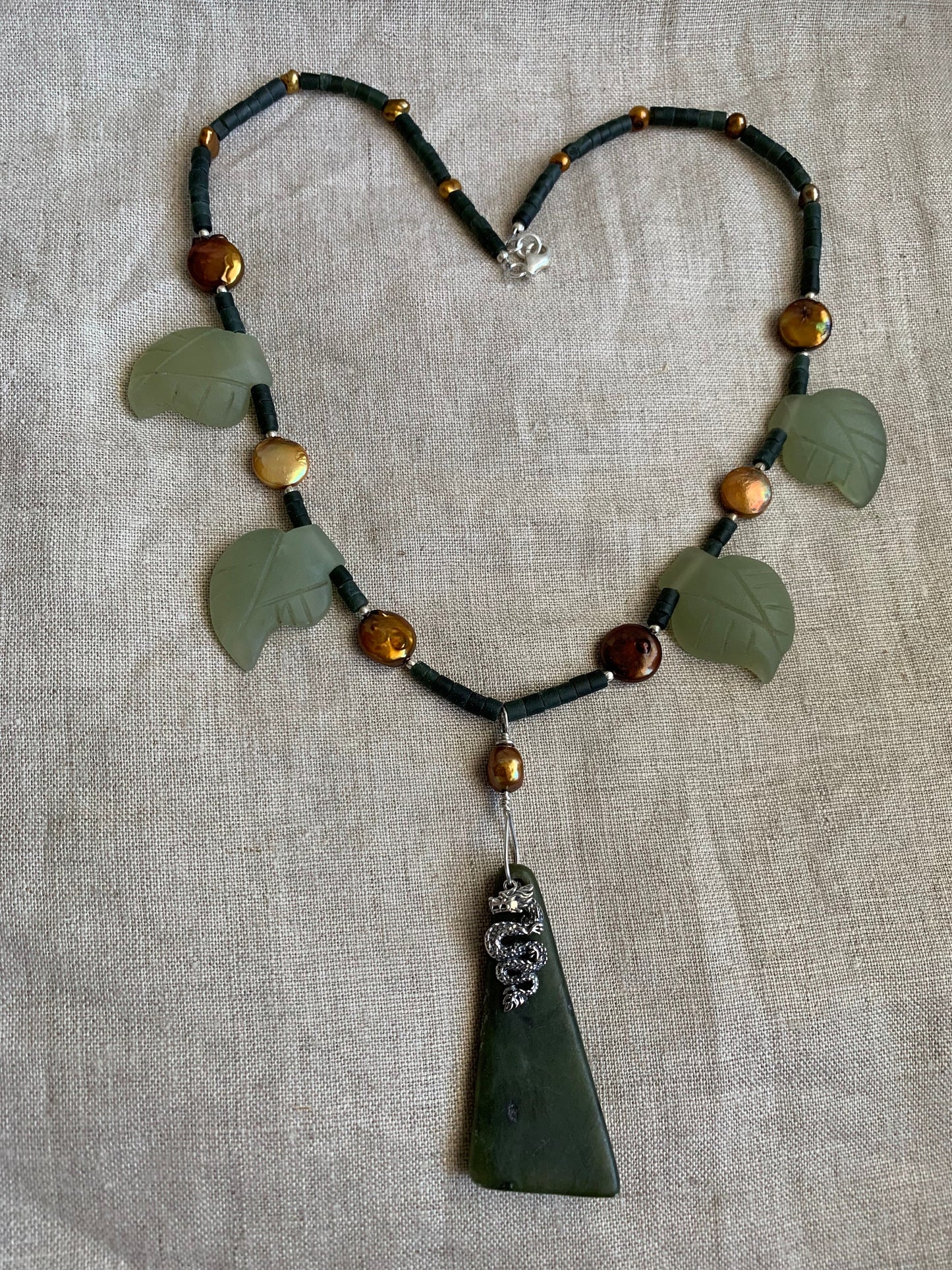 necklace "Jade Dragon" Jade & Dragon pendant, Freshwater Pearls, Jade leaves, Dragon necklace, Jade jewelry, Gift idea, Pearl jewelry