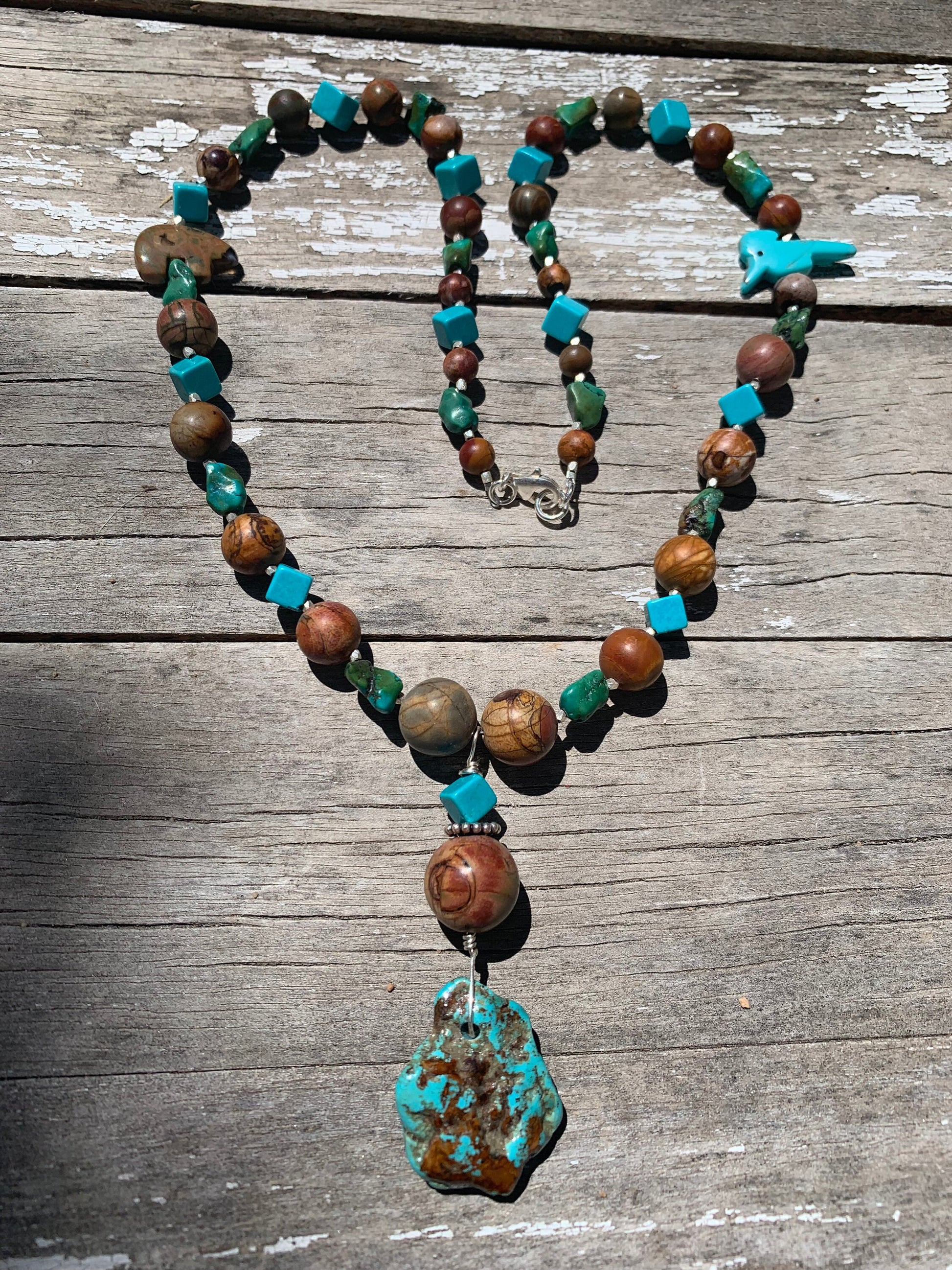 necklace "Desert Summer" Kingman Turquoise & Jasper pendant, Turquoise, Jasper, Animal Fetish, Gift idea, Wild West jewelry, Gender Neutral