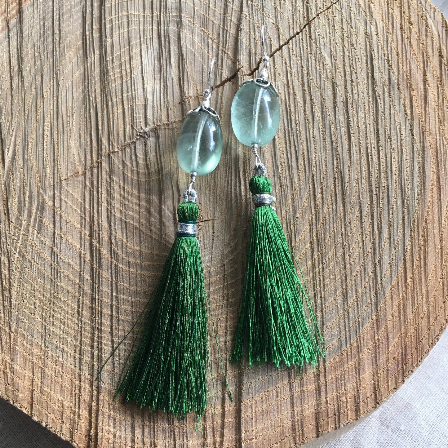 earrings "Fluorite Fringe" Large Green Fluorite, Tassel earrings, Statement earrings, Bohemian earrings, Reiki charged, Gift idea