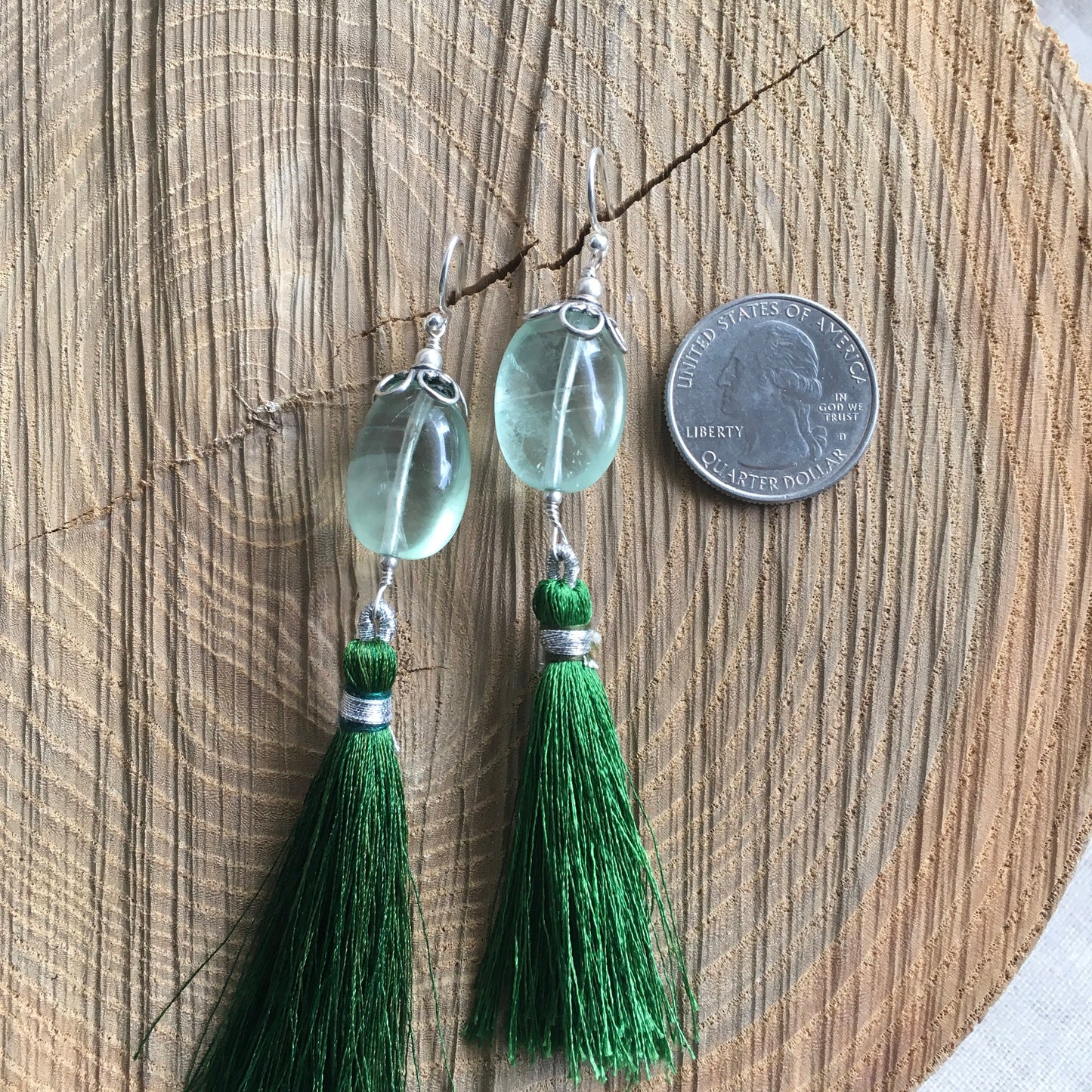 earrings "Fluorite Fringe" Large Green Fluorite, Tassel earrings, Statement earrings, Bohemian earrings, Reiki charged, Gift idea