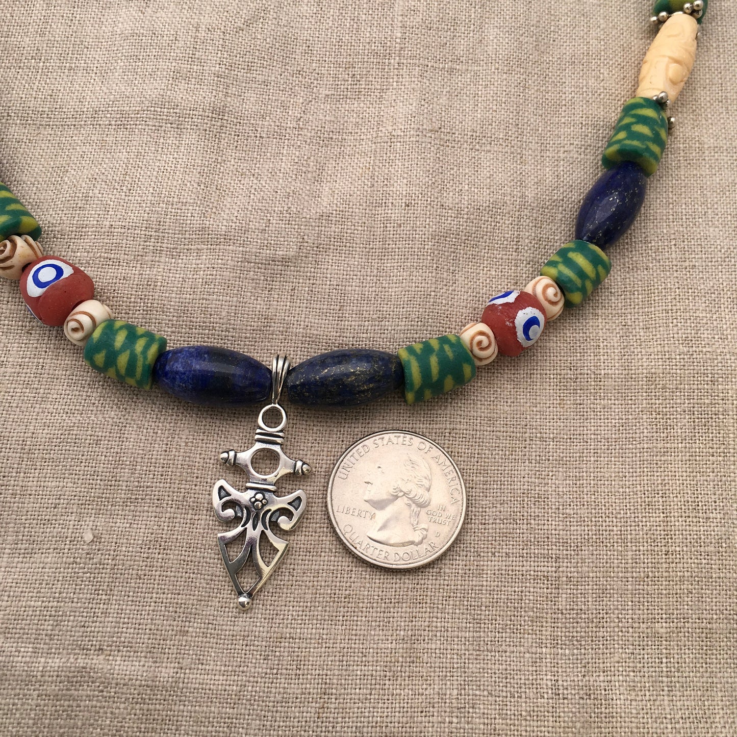 necklace "Shielded" Sterling Pendant, Vintage Lapis, Krobo beads, Carved Bone Beads, Sterling beads, Gift idea, Gender Neutral jewelry
