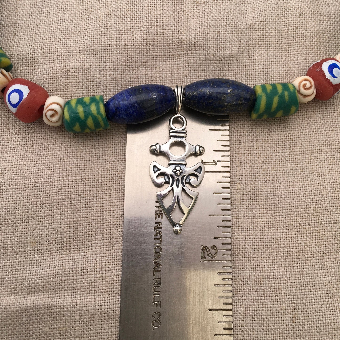 necklace "Shielded" Sterling Pendant, Vintage Lapis, Krobo beads, Carved Bone Beads, Sterling beads, Gift idea, Gender Neutral jewelry