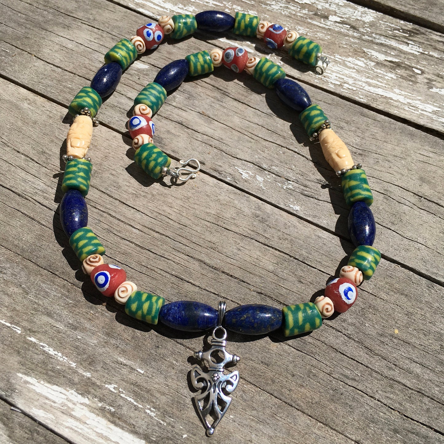 necklace "Shielded" Sterling Pendant, Vintage Lapis, Krobo beads, Carved Bone Beads, Sterling beads, Gift idea, Gender Neutral jewelry