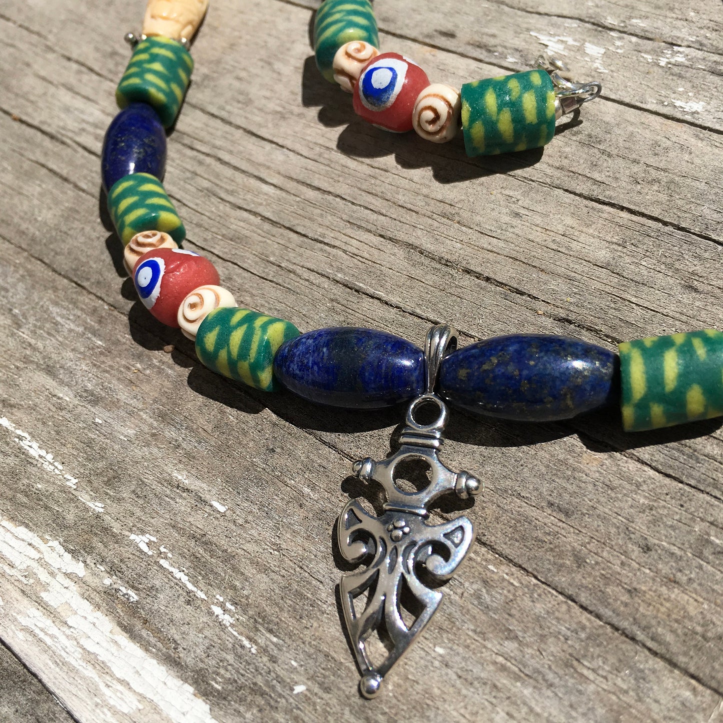 necklace "Shielded" Sterling Pendant, Vintage Lapis, Krobo beads, Carved Bone Beads, Sterling beads, Gift idea, Gender Neutral jewelry
