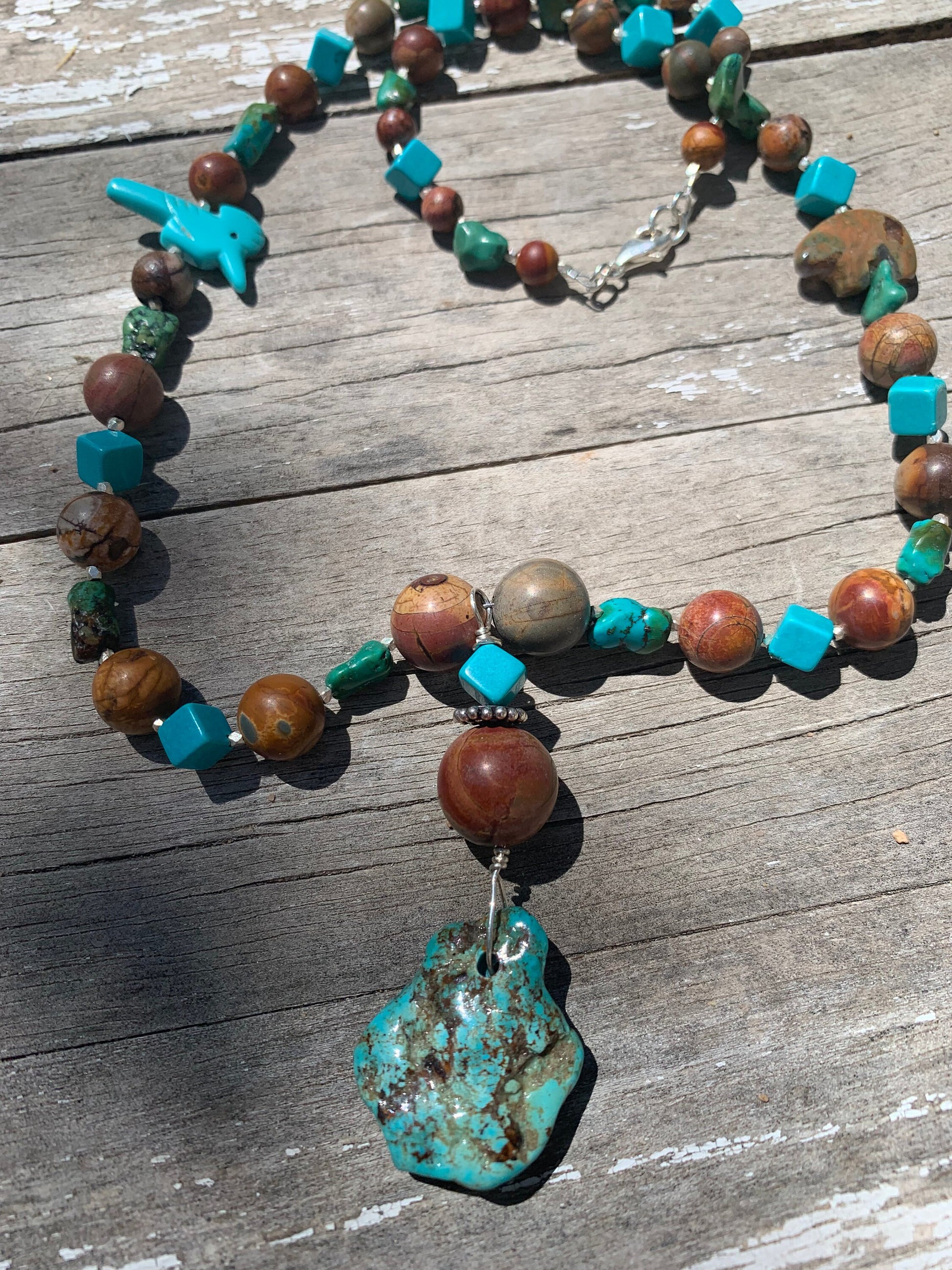 necklace "Desert Summer" Kingman Turquoise & Jasper pendant, Turquoise, Jasper, Animal Fetish, Gift idea, Wild West jewelry, Gender Neutral