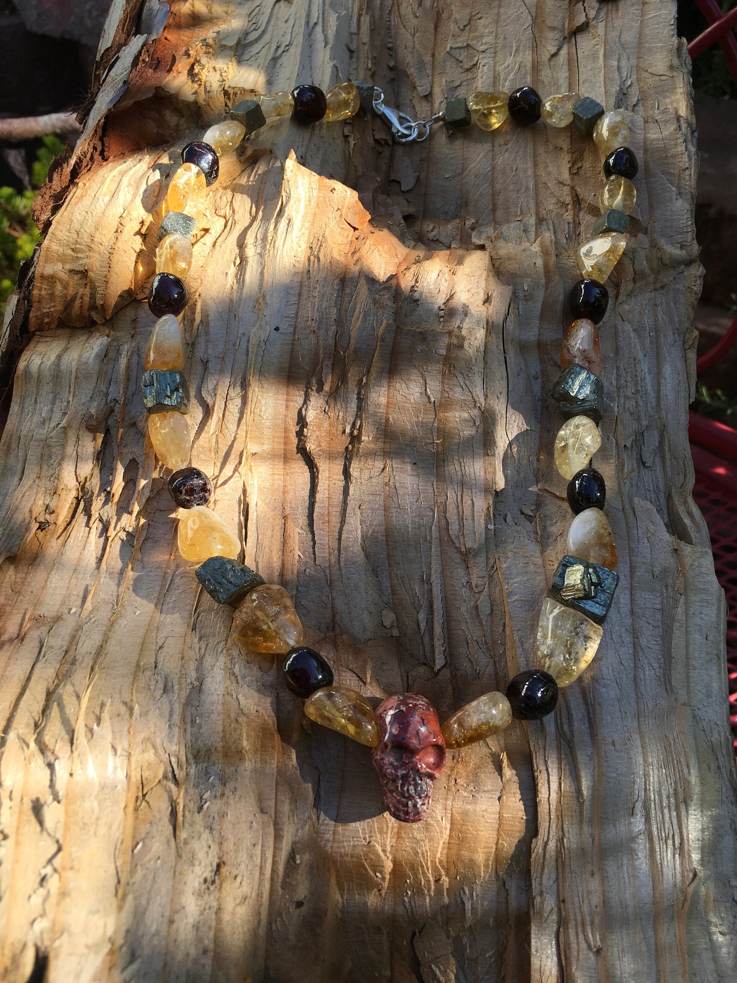 necklace "The Harvest" Red Jasper Skull, Citrine, Garnet, Pyrite, Gender Neutral jewelry, Lord Hades, Underworld jewelry, All Things Creepy
