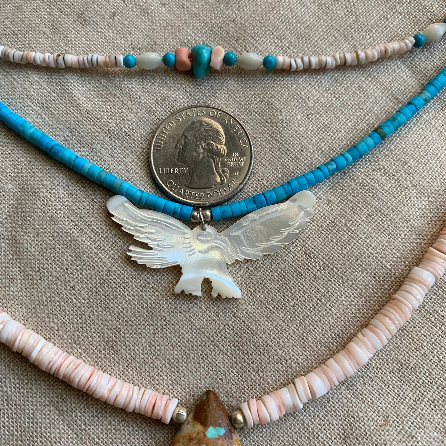 necklace "Freedom" Multi-strand necklace, Turquoise, MOP Bird of Prey, Shell heishi, Boho Style, Gender Neutral, Southwest Series, Reiki