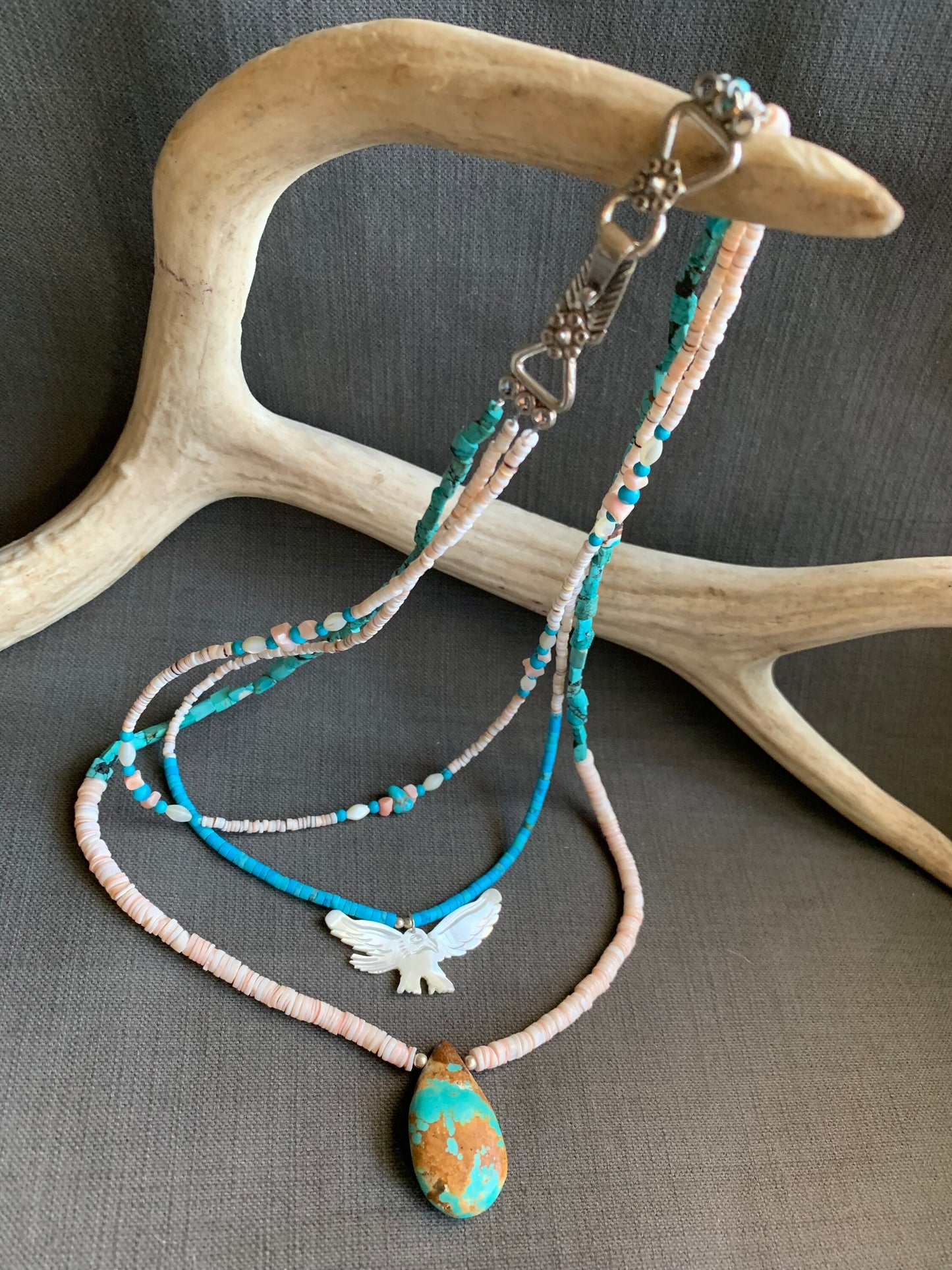 necklace "Freedom" Multi-strand necklace, Turquoise, MOP Bird of Prey, Shell heishi, Boho Style, Gender Neutral, Southwest Series, Reiki