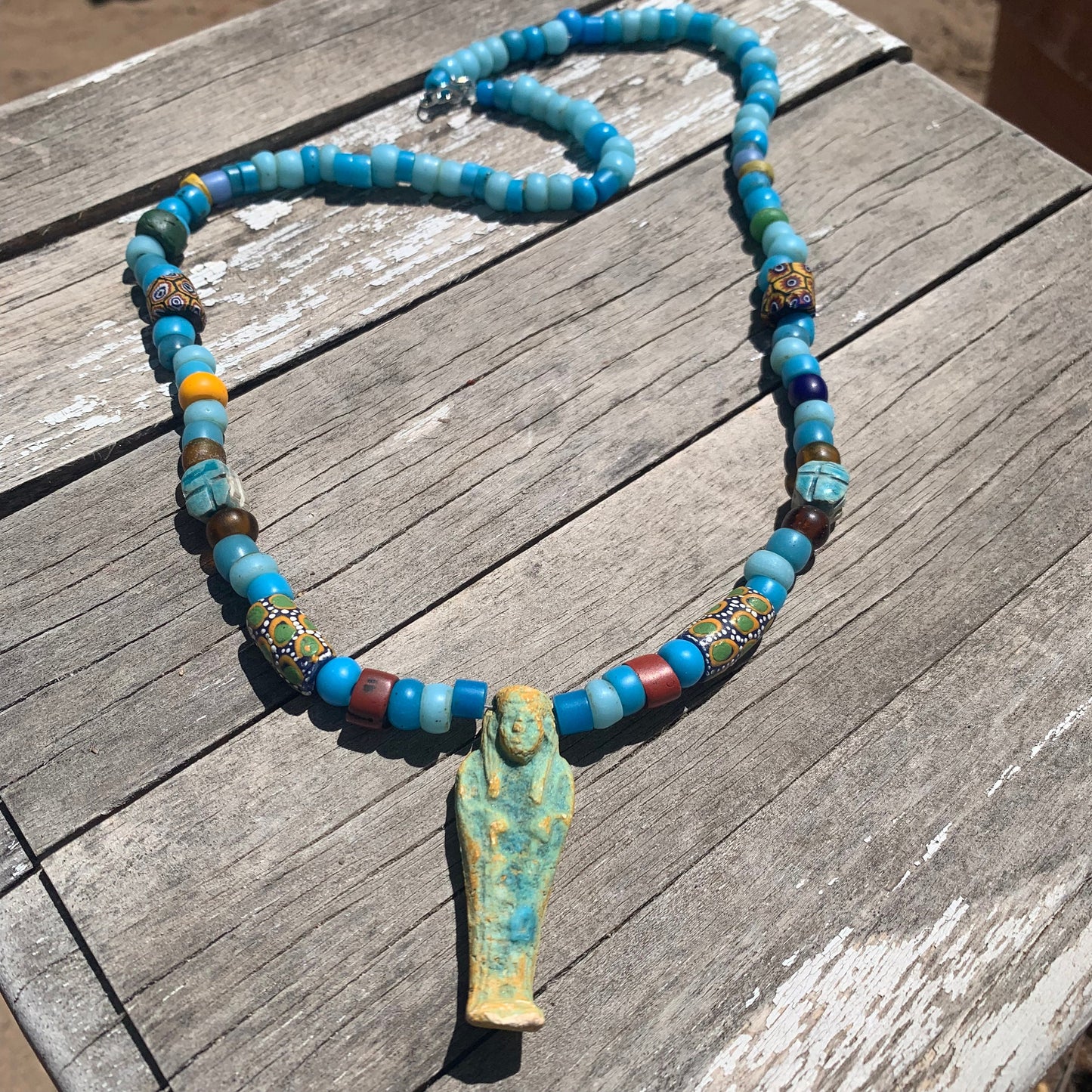 necklace "Asir" Faience Pharaoh Mummy, Faience Scarabs, African trade beads, Krobo beads, African Glass beads, Osiris, Egyptian Tourist bead
