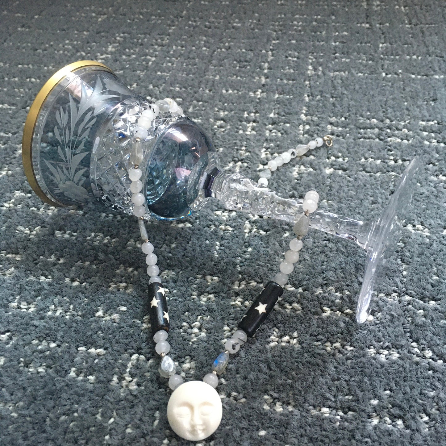 necklace "Sleeping Sister" Carved Bone Moon focal, Quartz, Labradorite, Batiked bone beads, Moon Jewelry, Gender neutral, Reiki charged
