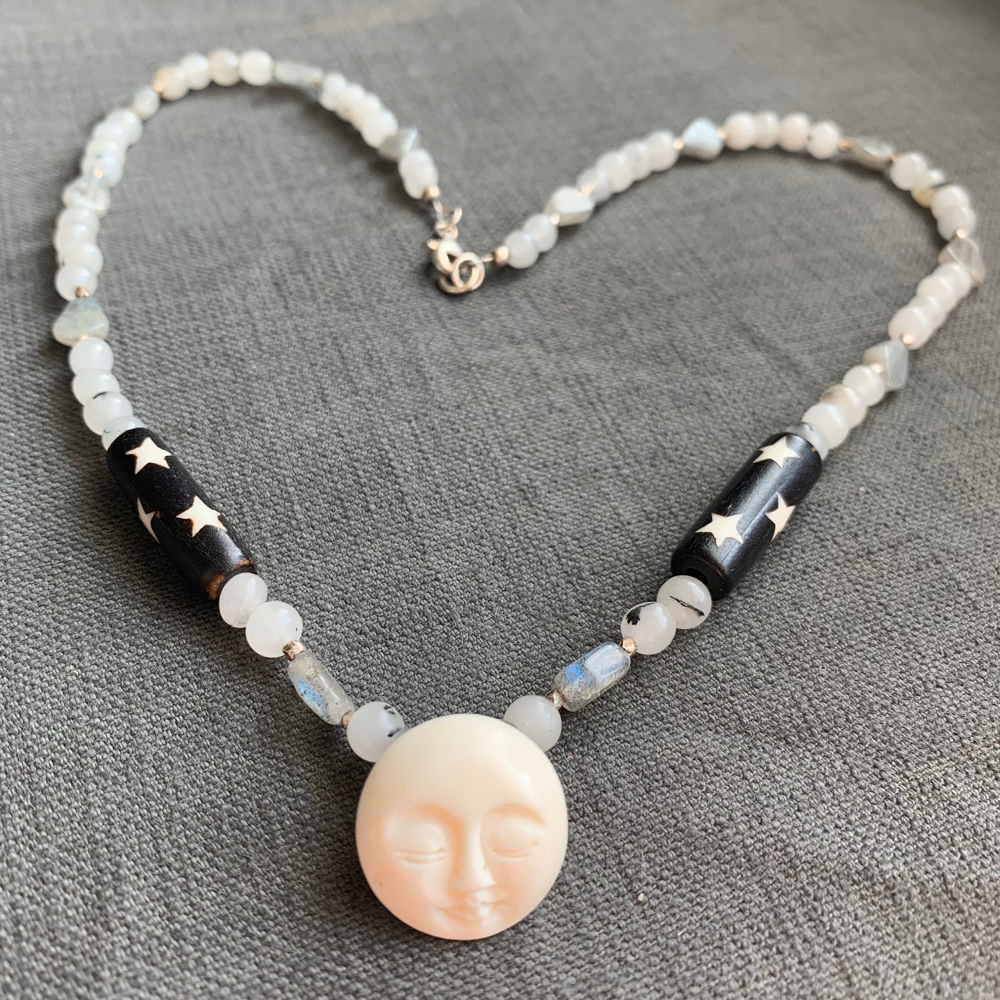 necklace "Sleeping Sister" Carved Bone Moon focal, Quartz, Labradorite, Batiked bone beads, Moon Jewelry, Gender neutral, Reiki charged