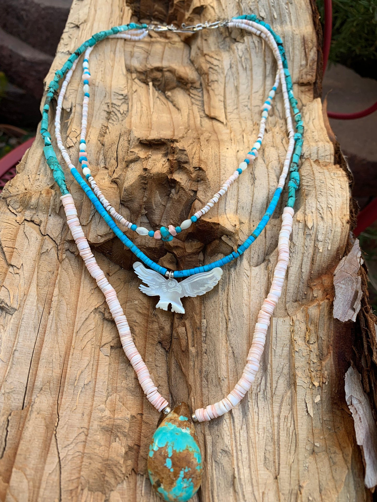 necklace "Freedom" Multi-strand necklace, Turquoise, MOP Bird of Prey, Shell heishi, Boho Style, Gender Neutral, Southwest Series, Reiki