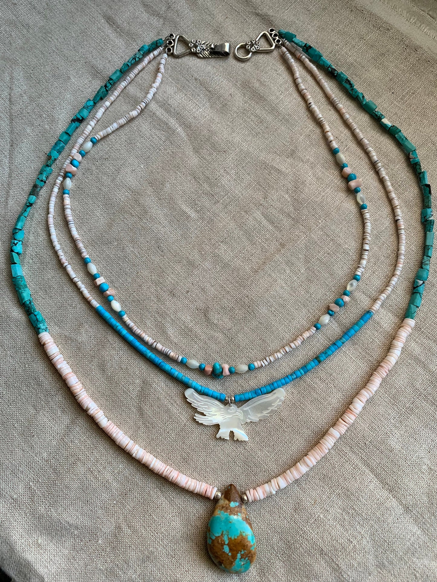 necklace "Freedom" Multi-strand necklace, Turquoise, MOP Bird of Prey, Shell heishi, Boho Style, Gender Neutral, Southwest Series, Reiki