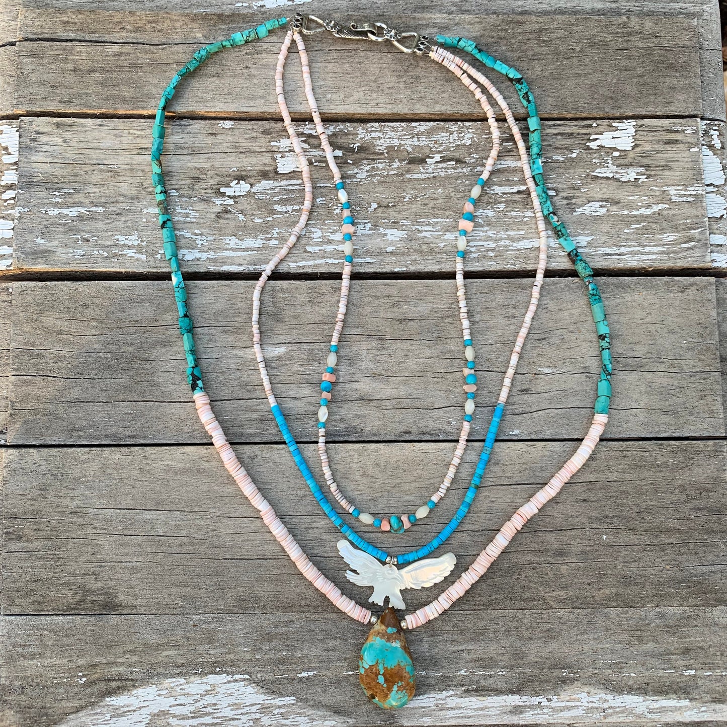 necklace "Freedom" Multi-strand necklace, Turquoise, MOP Bird of Prey, Shell heishi, Boho Style, Gender Neutral, Southwest Series, Reiki