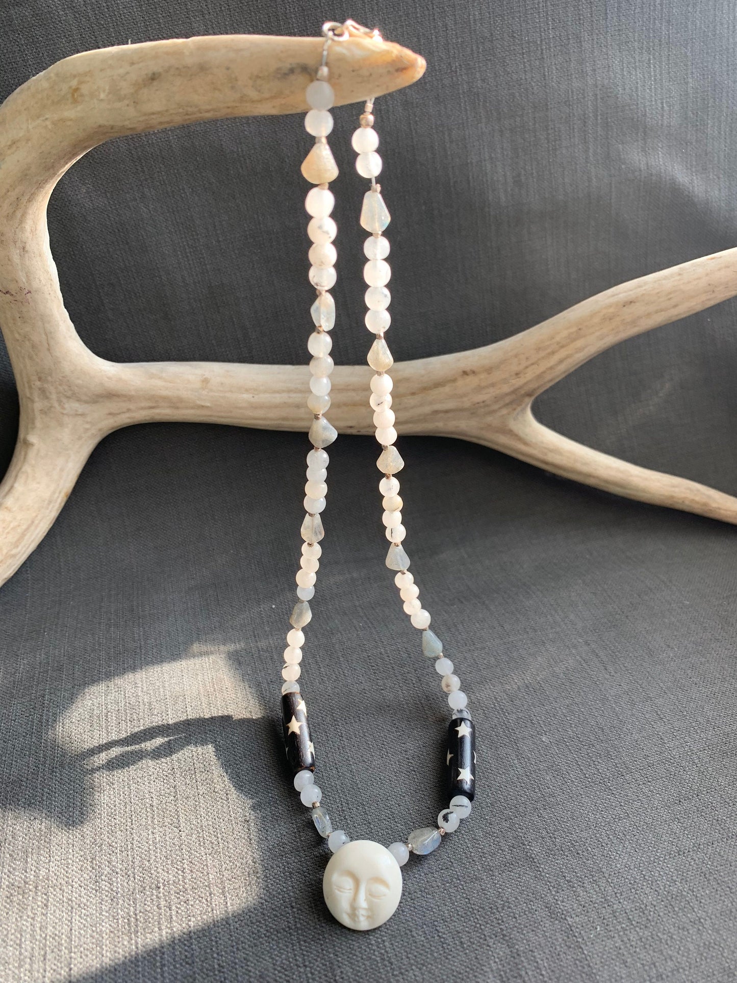 necklace "Sleeping Sister" Carved Bone Moon focal, Quartz, Labradorite, Batiked bone beads, Moon Jewelry, Gender neutral, Reiki charged