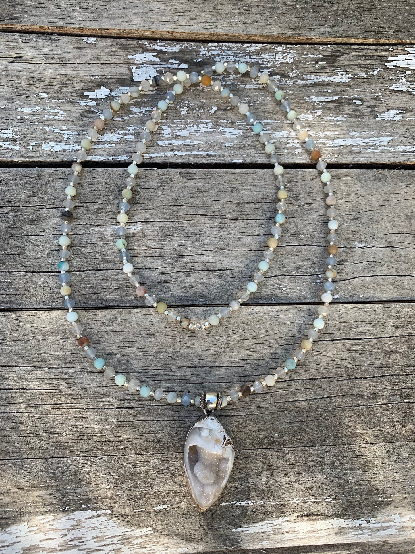necklace "Frost Shell" Druzy Fossil Shell, Chalcedony, Amazonite, Hill Tribe Silver, Ocean jewelry, Gender Neutral, Mermaid necklace, Reiki