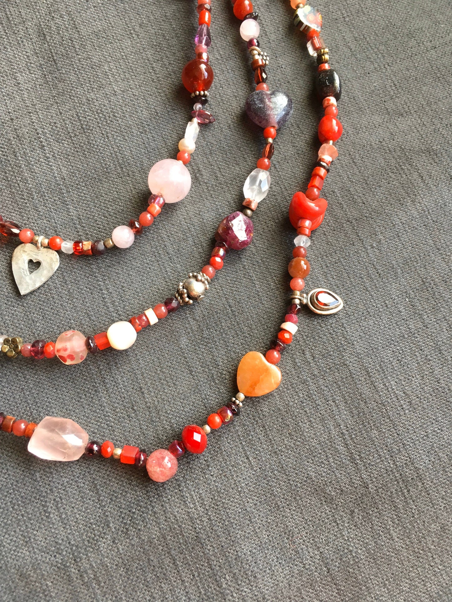 Multi-strand Heart necklace "Love Matters" Heart pendant, Gift idea, Valentine's Day, Garnets, Rose Quartz, Pink Opal, Pink Tourmaline