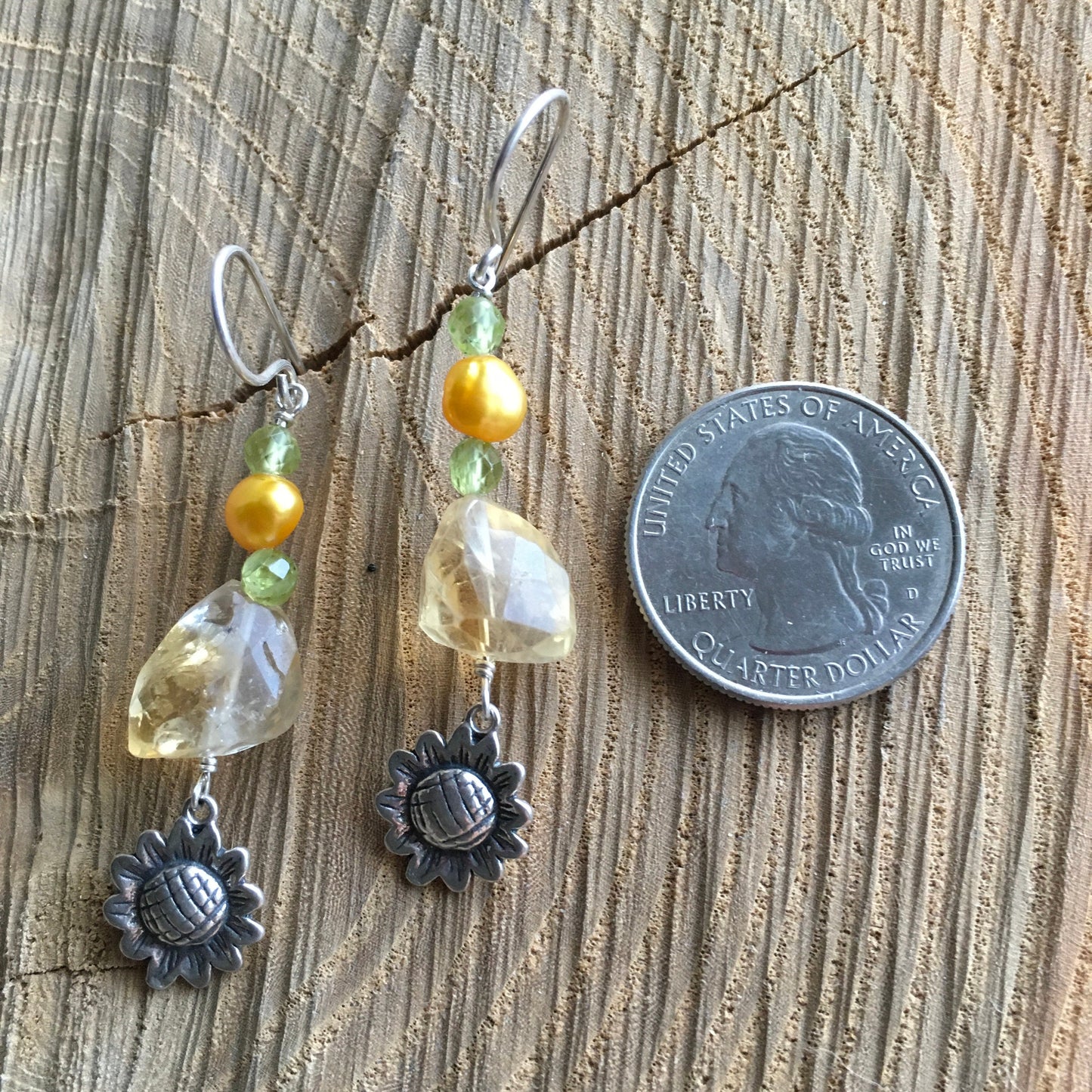 Earrings “Spring Drops” Sterling Flowers, Faceted Citrine, Pearls, Green Garnet, Spring Line, gift idea, Sunflowers, drop earrings