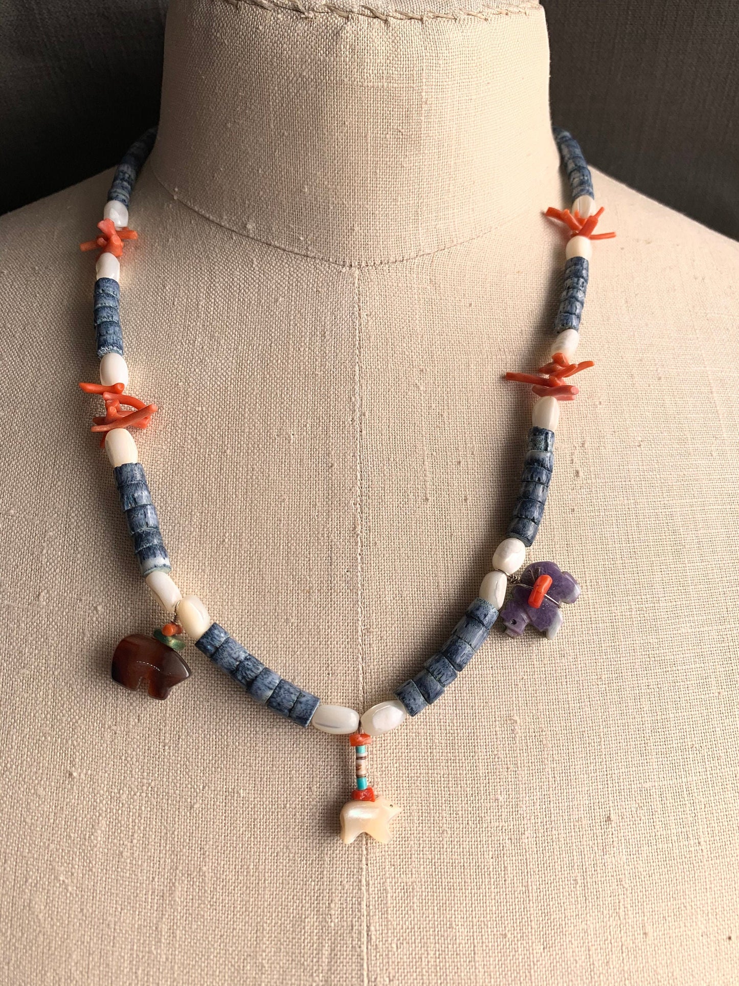 Necklace “Dah Bears” Three Bear fetishes, Vintage Blue Coral, Mother of Pearl, Vintage Red Branch Coral, Gift Idea, Bears, Gender Neutral