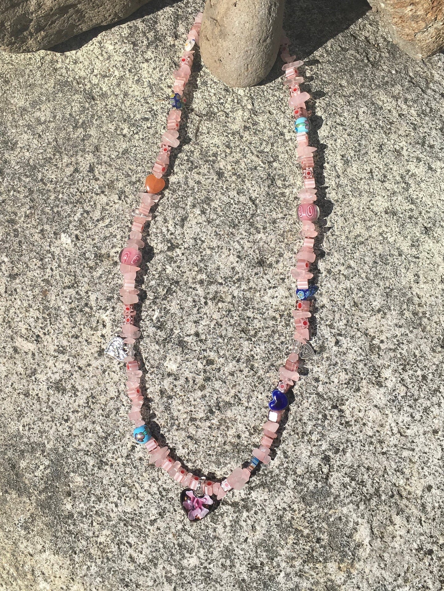 necklace "Plant Your Own Garden" Murano Heart pendant, Rose Quartz, Millefiori beads, Heart Charms, Gender Neutral jewelry, Valentines Day