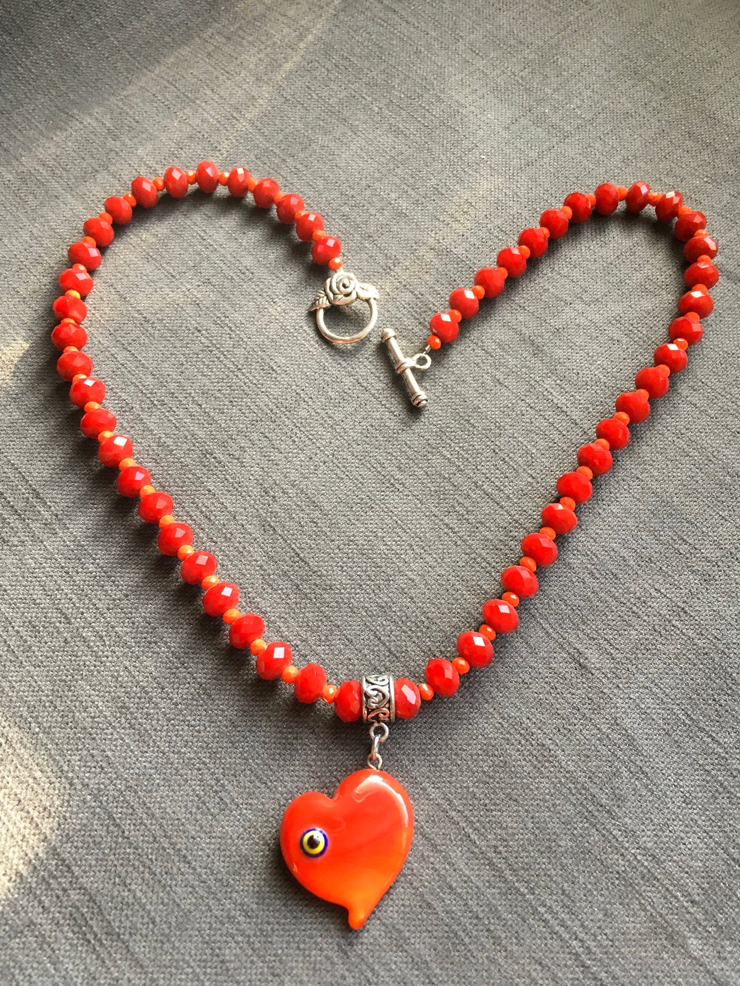 necklace "Red Hots" Murano glass Heart, faceted glass beads, Valentines Day gift, Love, Protection charm, Reiki charged, Gift idea, evil eye