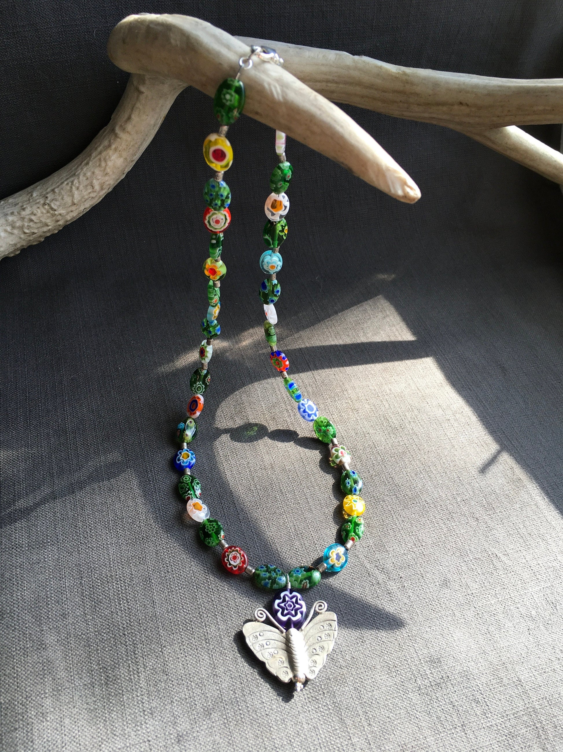 Necklace “Searching for Beauty” Hill Tribe Silver Butterfly, Millefiori beads, Handmade beads, Spring Line, Gender Neutral, Intensional Art