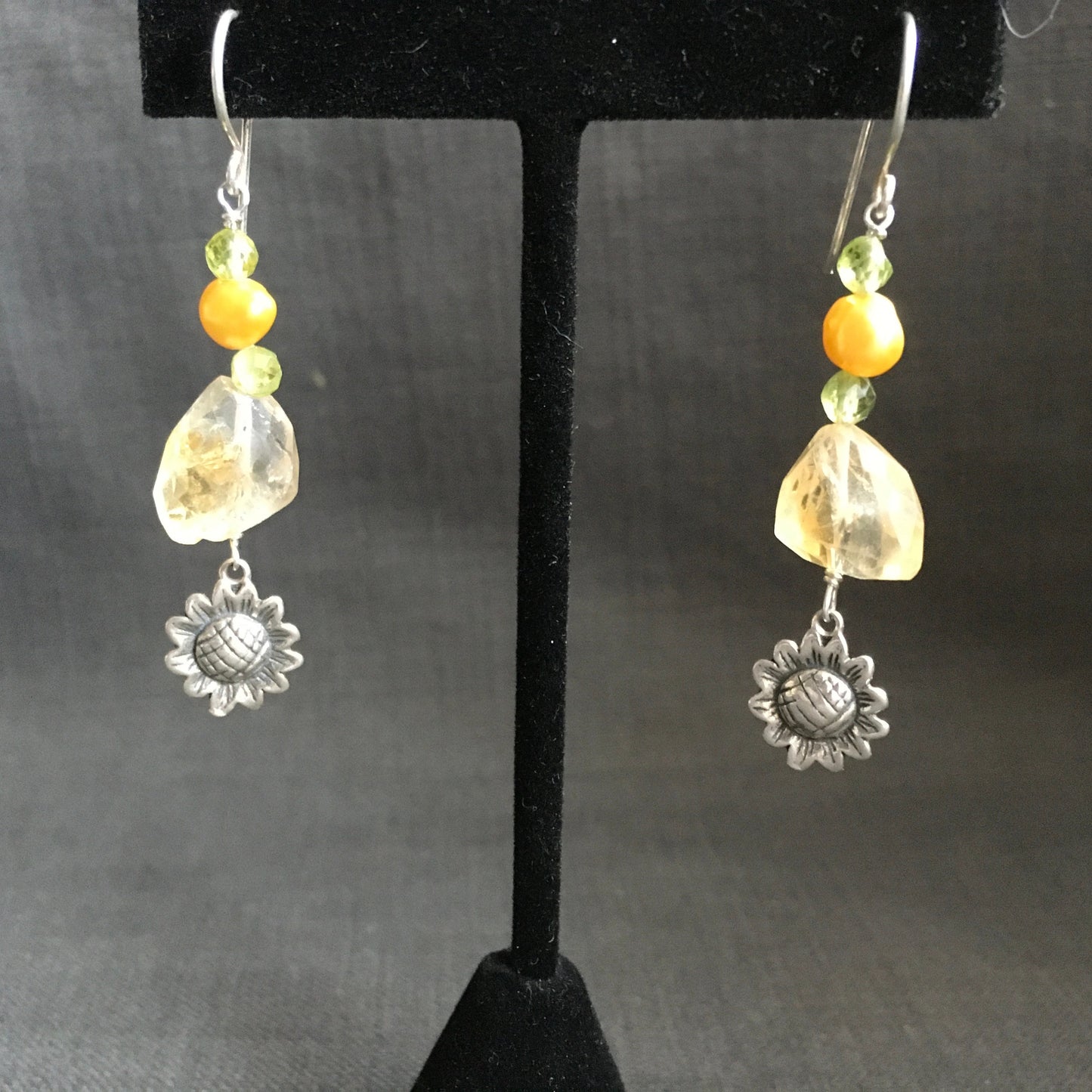 Earrings “Spring Drops” Sterling Flowers, Faceted Citrine, Pearls, Green Garnet, Spring Line, gift idea, Sunflowers, drop earrings