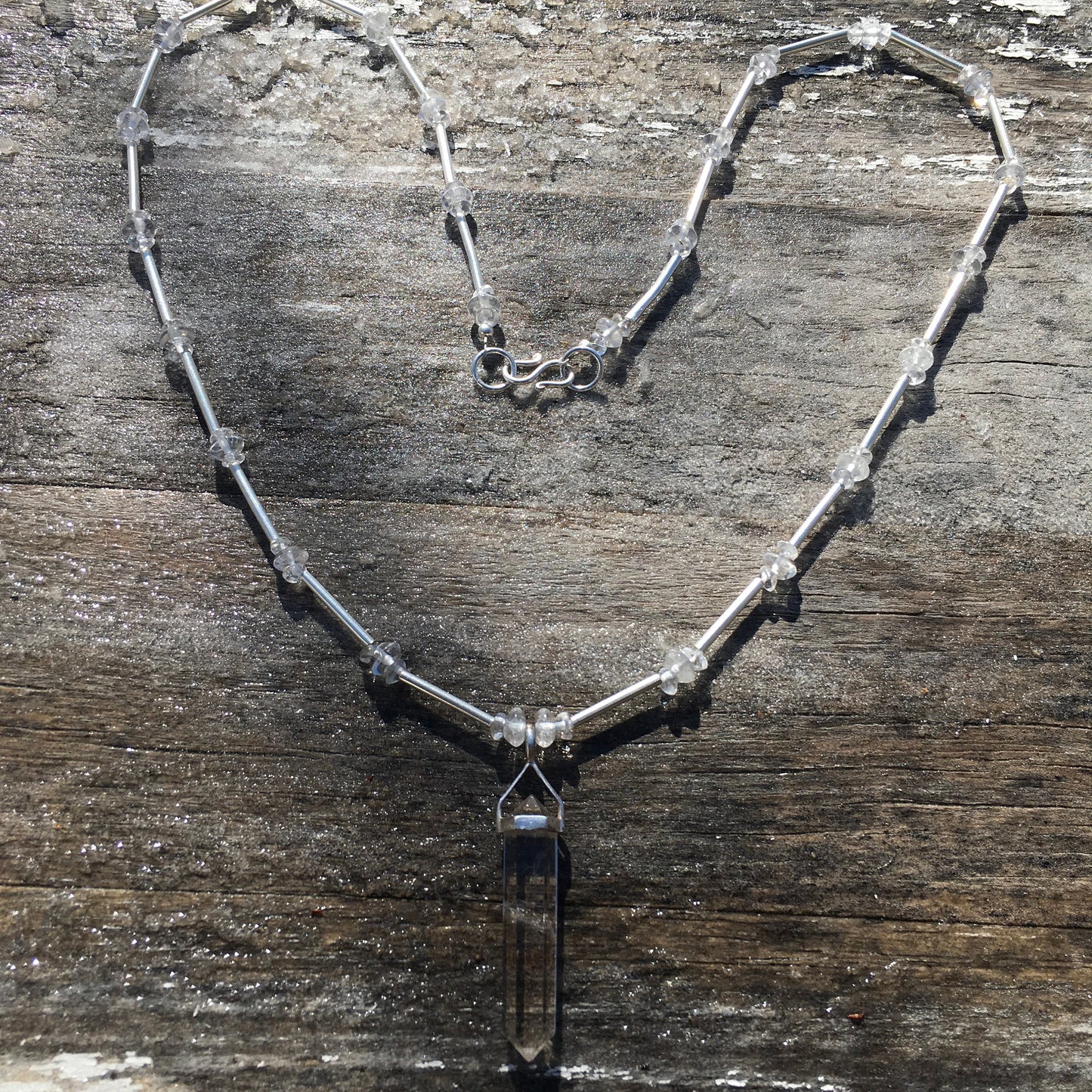 Necklace "Beacon of Light" Clear Quartz pendant, Sterling beads, Quartz, Crystal necklace, Gender Neutral jewelry, Gift idea