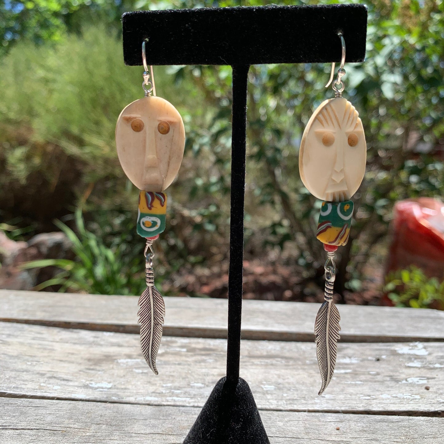 Earrings “Justice Now” Carved Bone Faces/Masks, African Trade beads, African seed beads, Sterling Feathers, Jewelry for Justice, Reiki