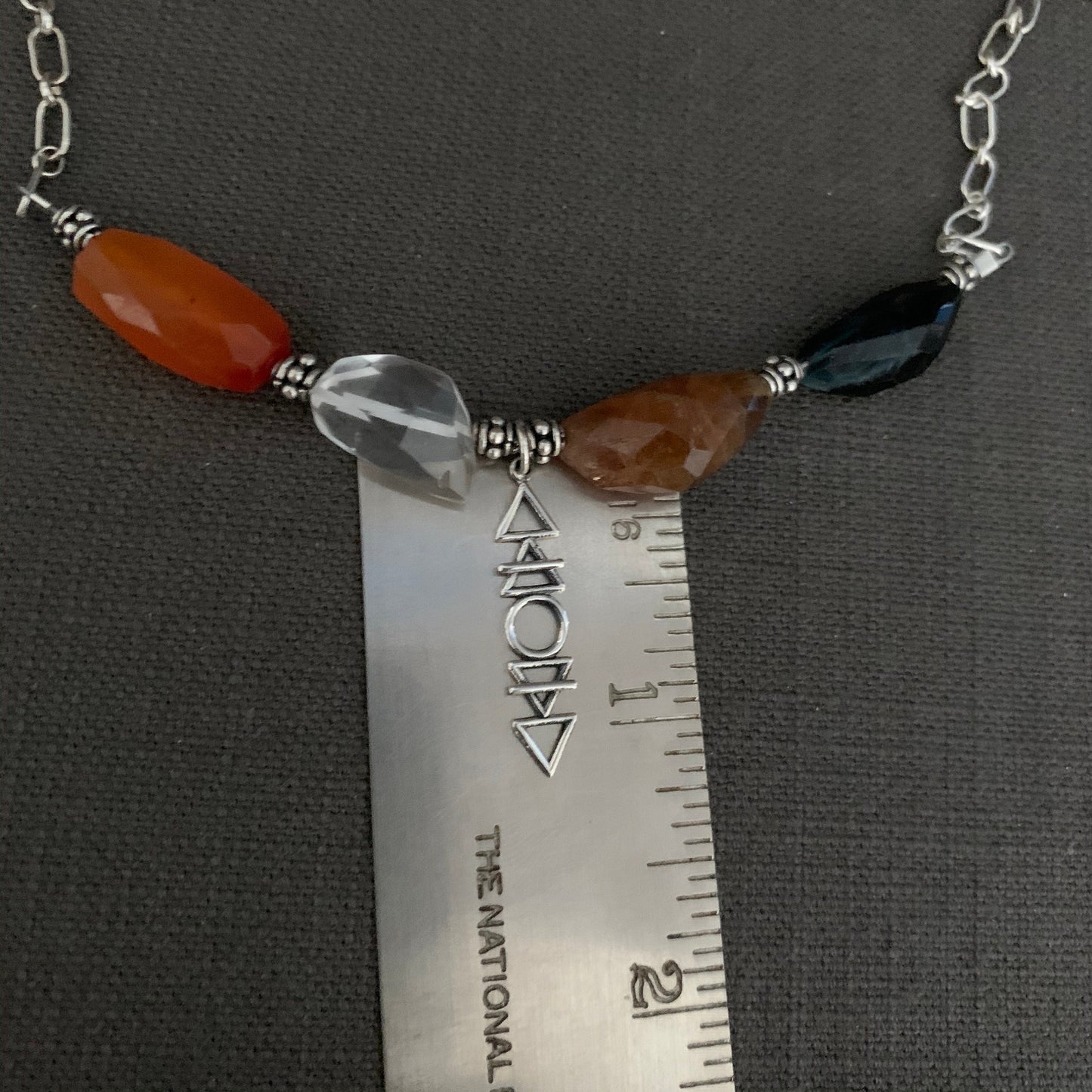 Necklace “Alchemy” Four faceted stones, Carnelian, Clear Quartz, Tourmalines, Sterling Elements Charm, Reiki charged, Sterling Bali beads