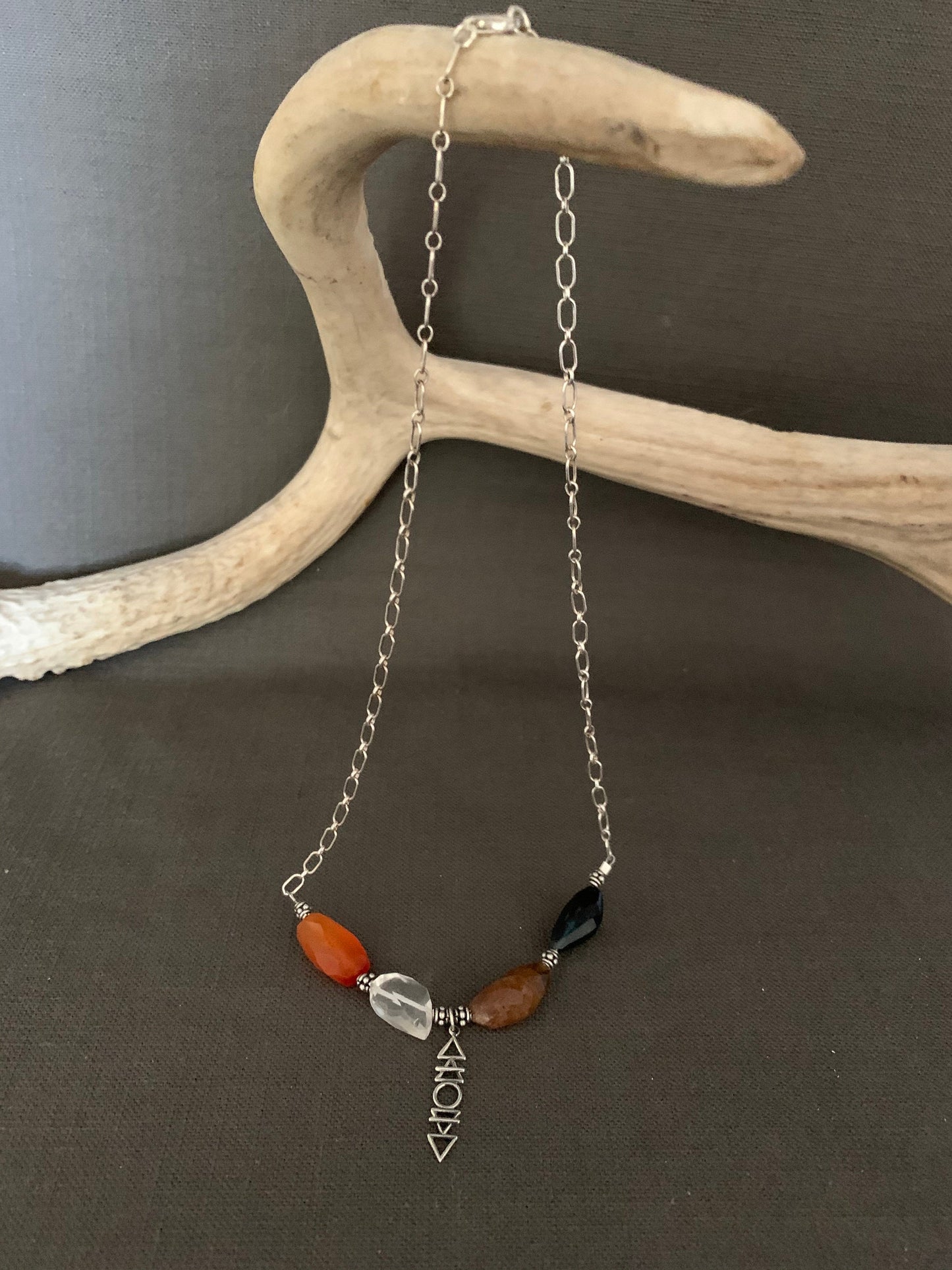 Necklace “Alchemy” Four faceted stones, Carnelian, Clear Quartz, Tourmalines, Sterling Elements Charm, Reiki charged, Sterling Bali beads