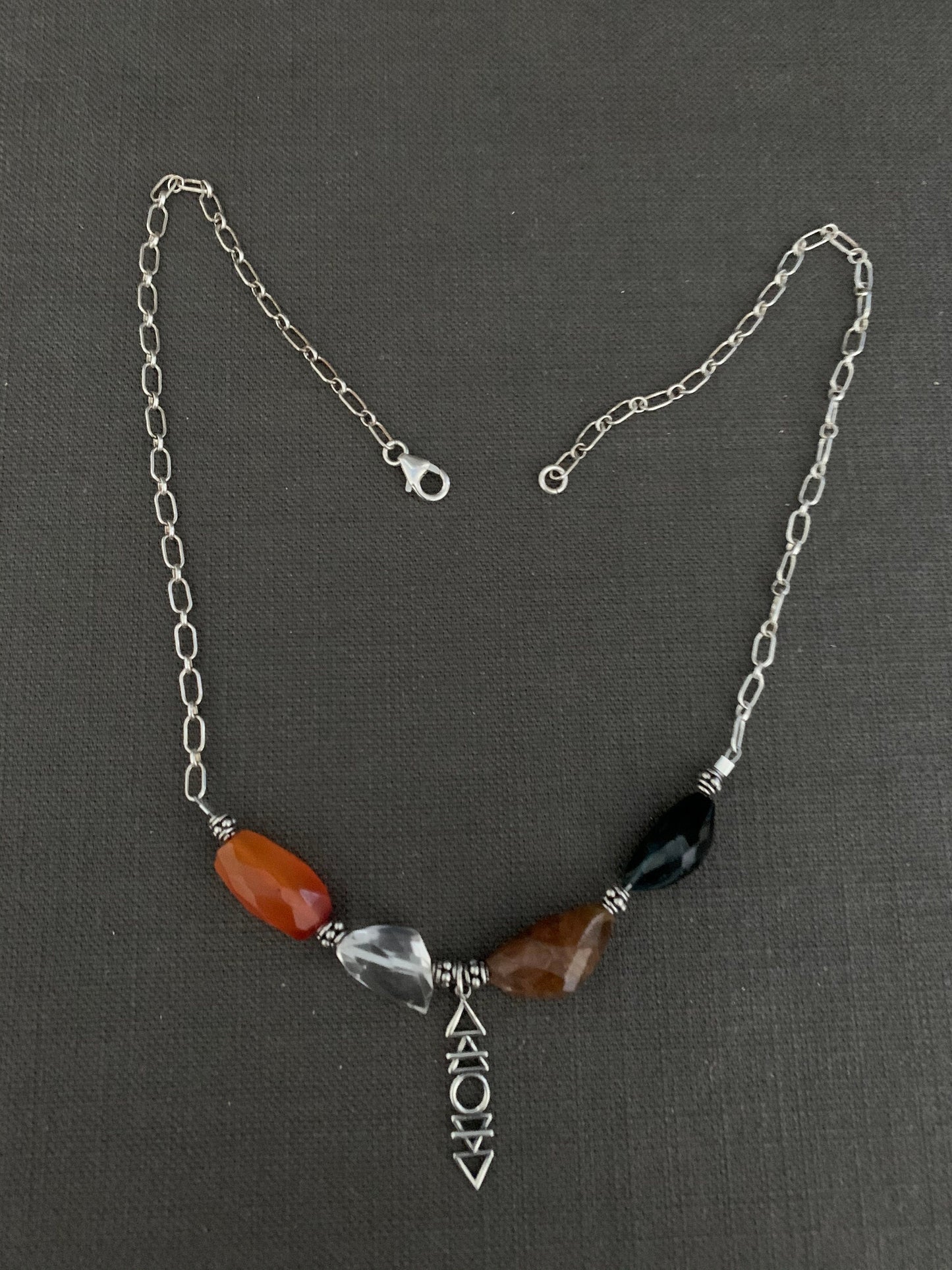 Necklace “Alchemy” Four faceted stones, Carnelian, Clear Quartz, Tourmalines, Sterling Elements Charm, Reiki charged, Sterling Bali beads