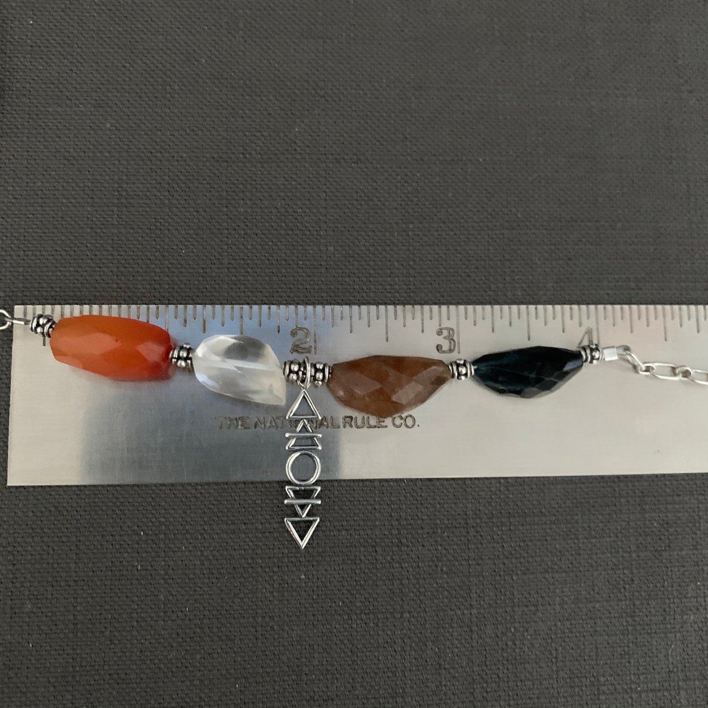 Necklace “Alchemy” Four faceted stones, Carnelian, Clear Quartz, Tourmalines, Sterling Elements Charm, Reiki charged, Sterling Bali beads