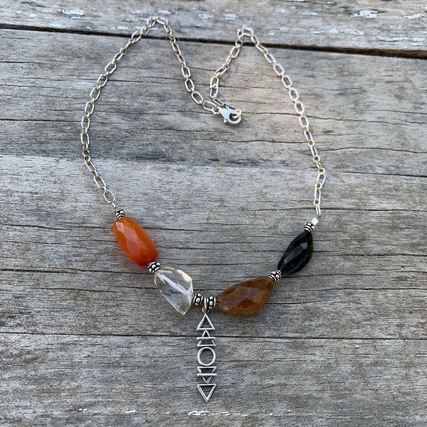 Necklace “Alchemy” Four faceted stones, Carnelian, Clear Quartz, Tourmalines, Sterling Elements Charm, Reiki charged, Sterling Bali beads