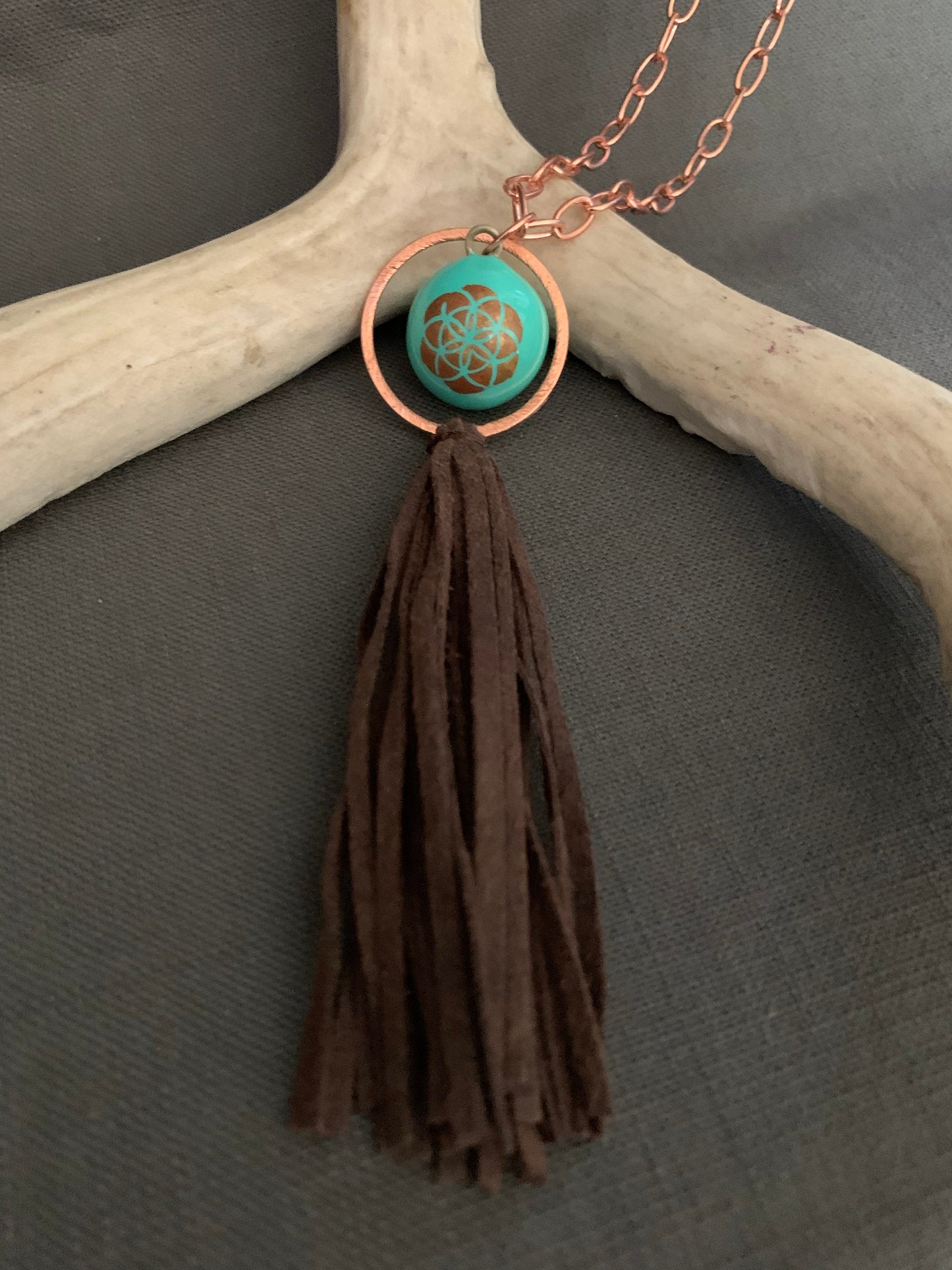 Pendant “Woke” Enameled Bell with Mandala, Copper link, Ultra Suede tassel, Meditation Bell, Tassel pendant, Gift Idea, Reiki charged