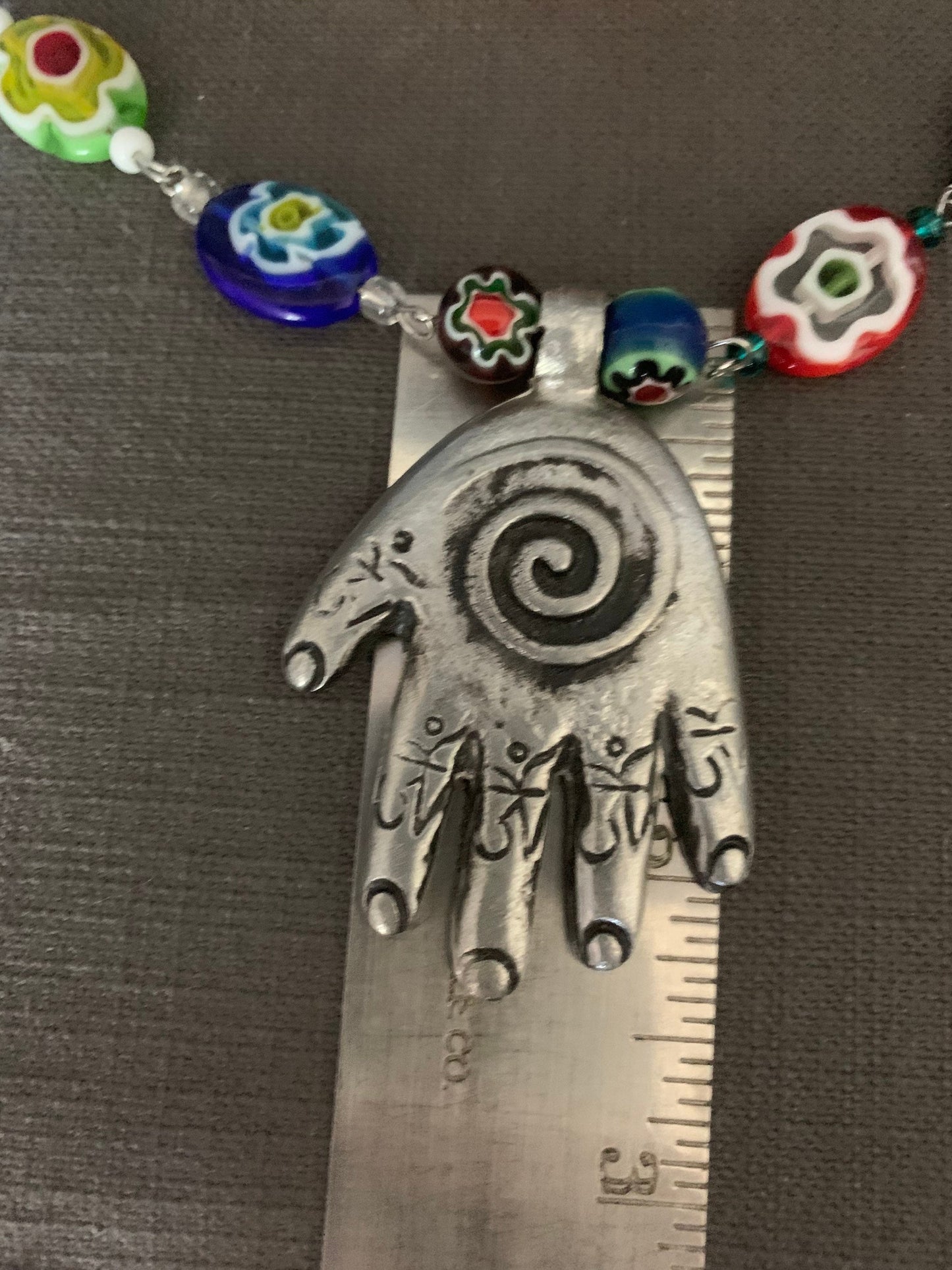 Necklace "Her flowers" pewter Hamsa pendant, Hand of God, Handmade chain, Festival jewelry, Millefiori beads, Lampwork beads, Reiki charged